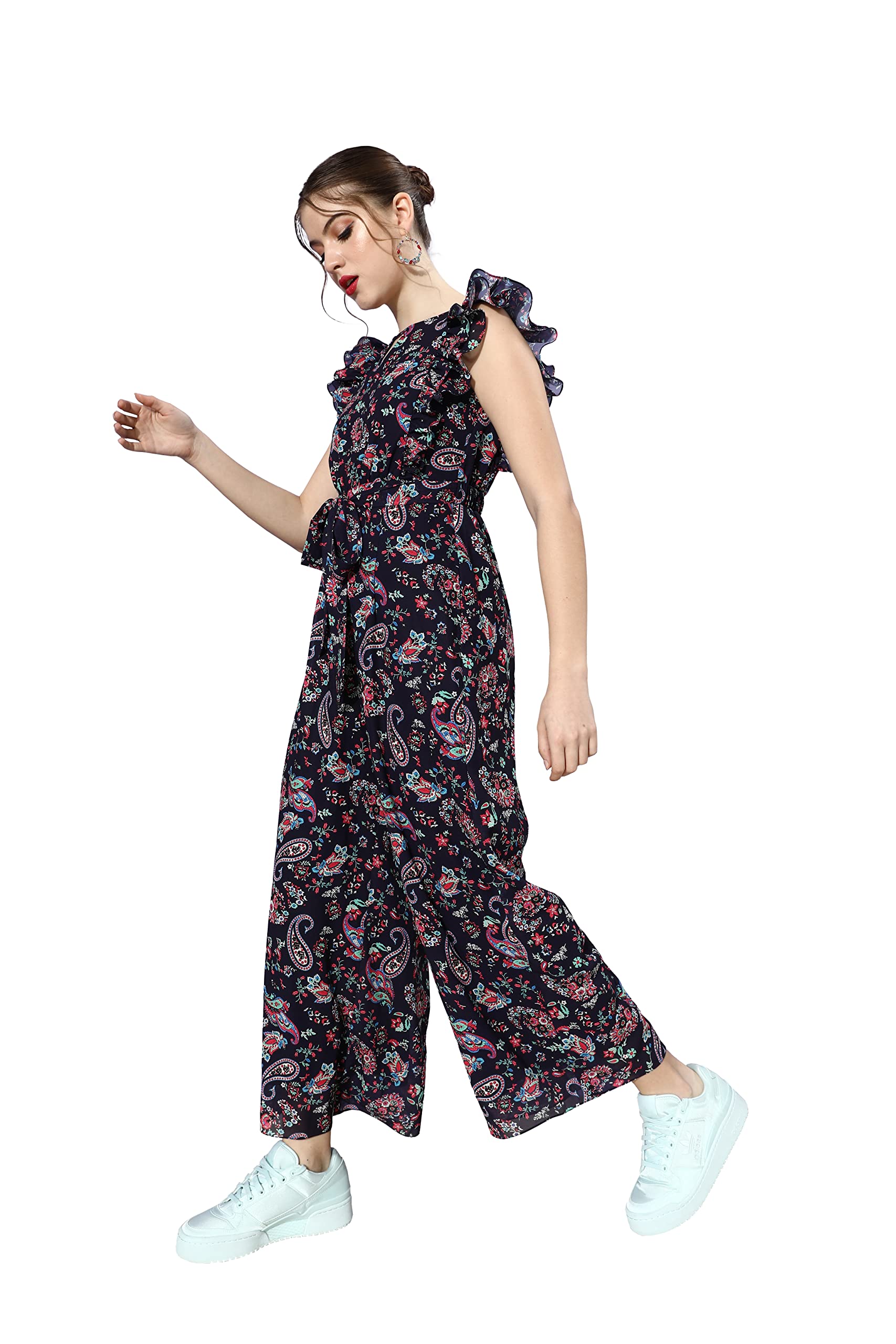 Miss Chase Womens Round Neck Sleeveless Floral Wide Leg Regular Jumpsuit (MCAW24D95-62-178-06, Multicolored-Base-Navy Blue, XL)
