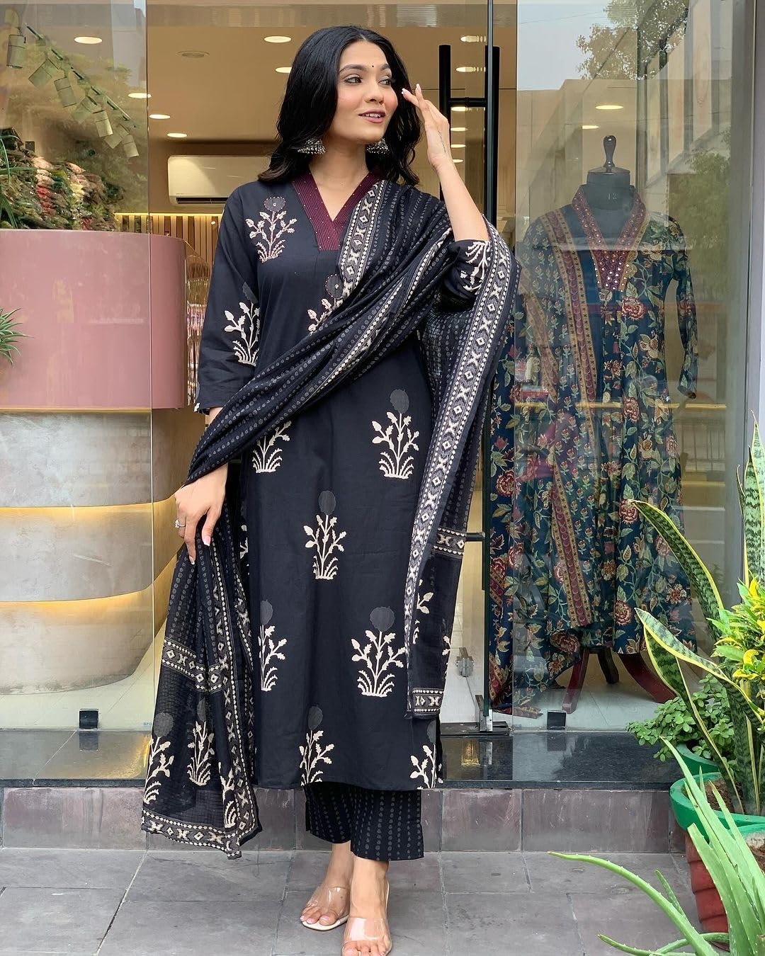 GoSriKi Ladies Viscose Rayon Straight Print Kurta with Trousers and Dupatta