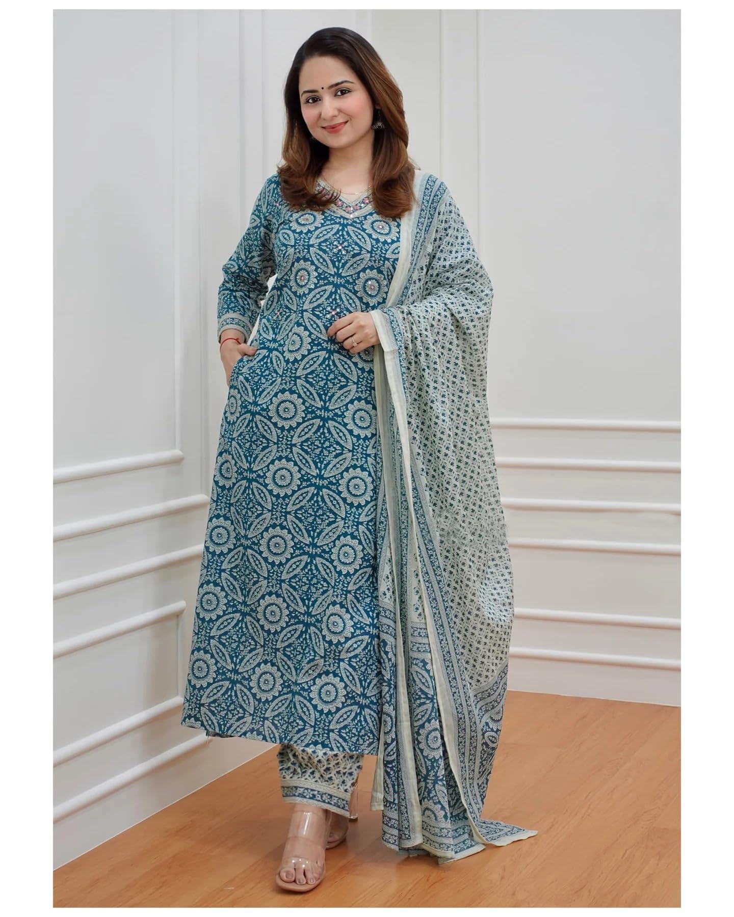 ANNI DESIGNER Womens Cotton Blend Block Printed Straight Kurta with Pant & Dupatta (Nihira Blue_S_Blue_Small)