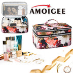 AMOIGEE Large Travel Makeup Bag Organizer, Double Layer Train Case, Toiletry Bag for Makeup Brushes, Full Size Bottles, Palettes