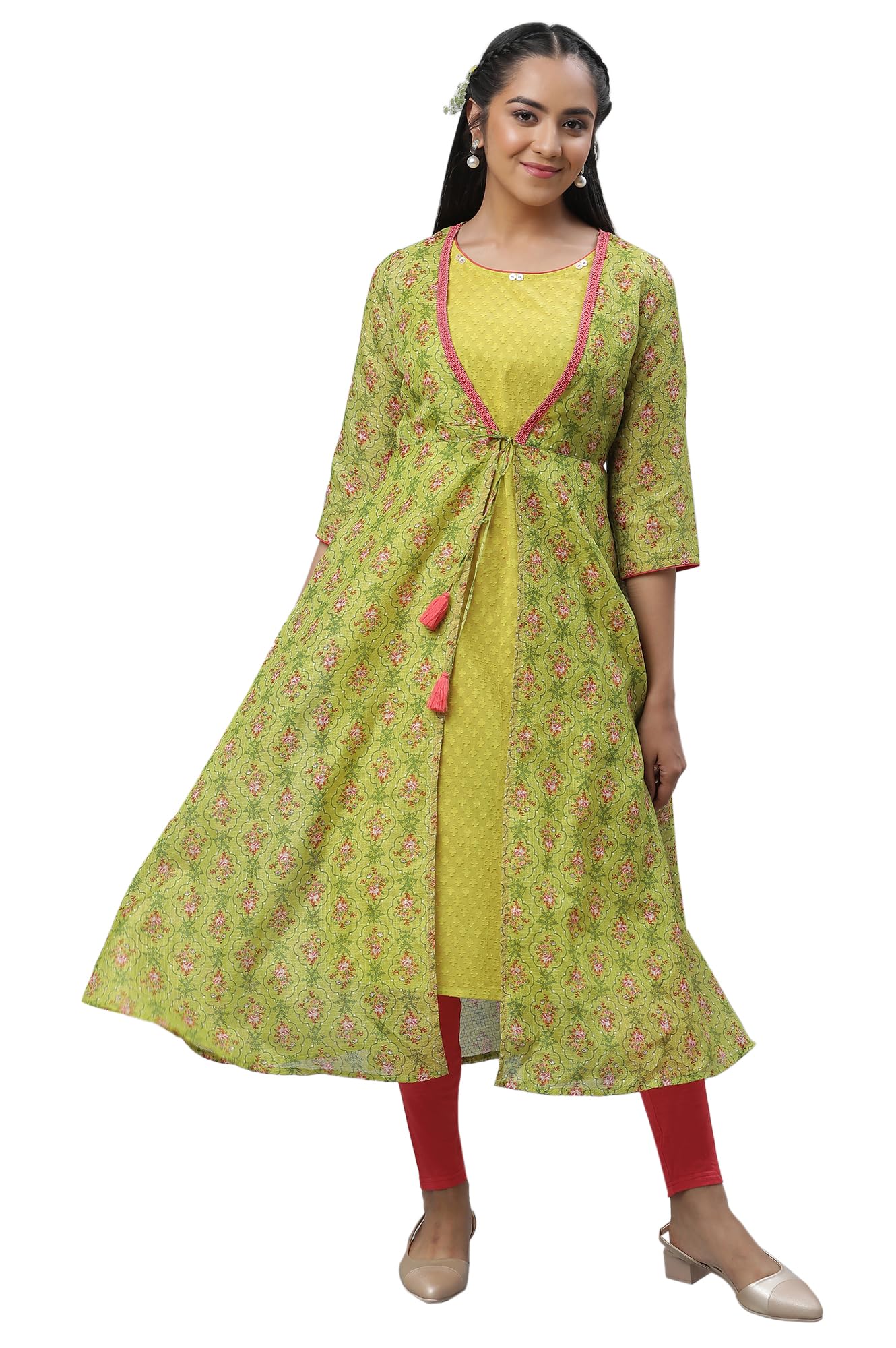 Aurelia Women'S Green Kota Gilet, Textured Kurta & Tights Set