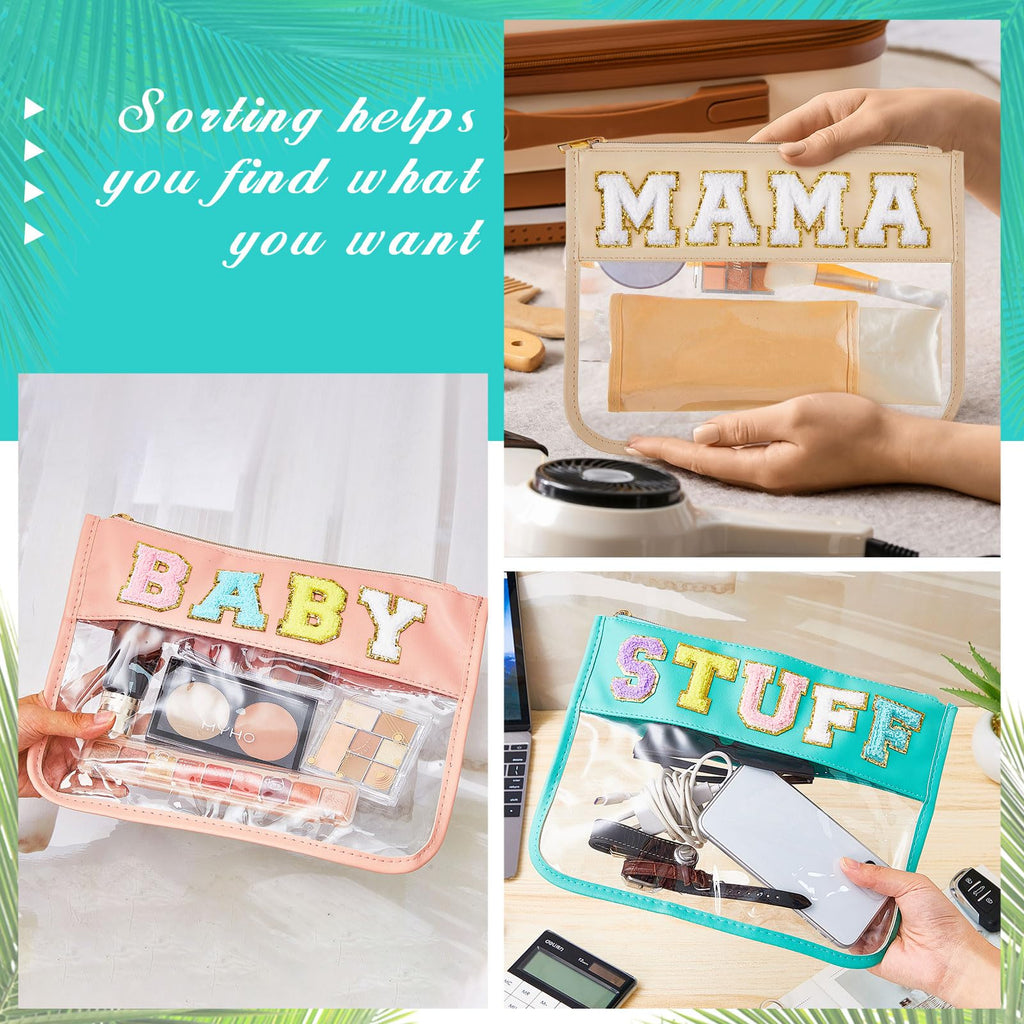 3 Pcs Chenille Letter Zipper Pouch for Travel Clear Snack Bags Waterproof Cosmetic Pouch Nylon Gym Beach Multipurpose Makeup Bag