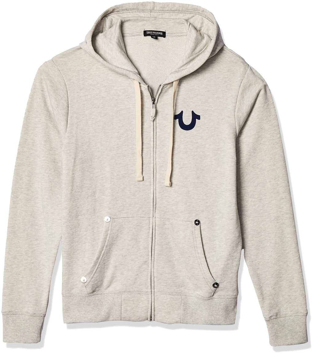 True Religion Men's Buddha Logo Zip Hoodie Sweatshirt, oatmeal, S