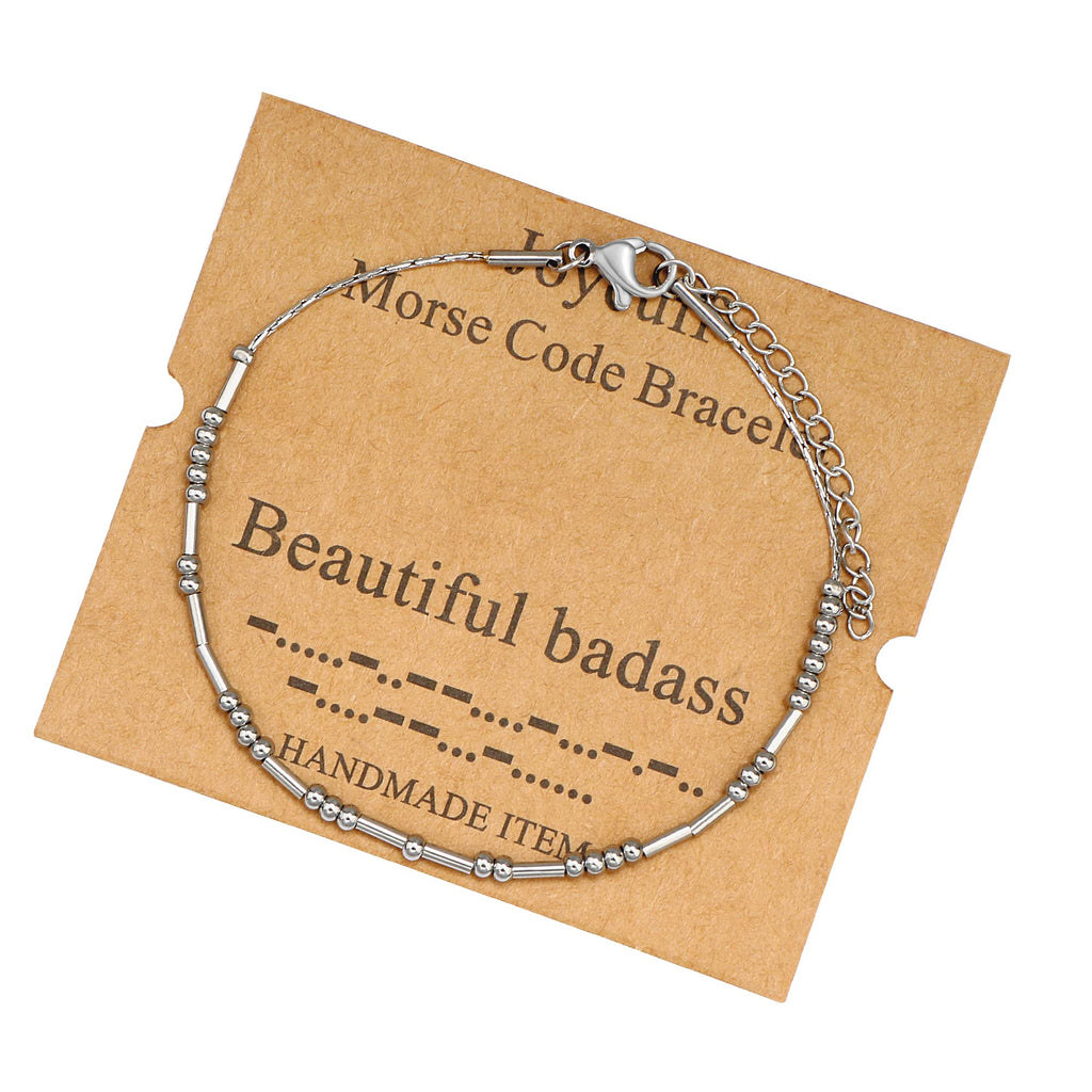 JoycuFF Beautiful Badass Morse Code Bracelets Gift for Women Birthday Christmas Inspirational Motivational Encouragement Stainle