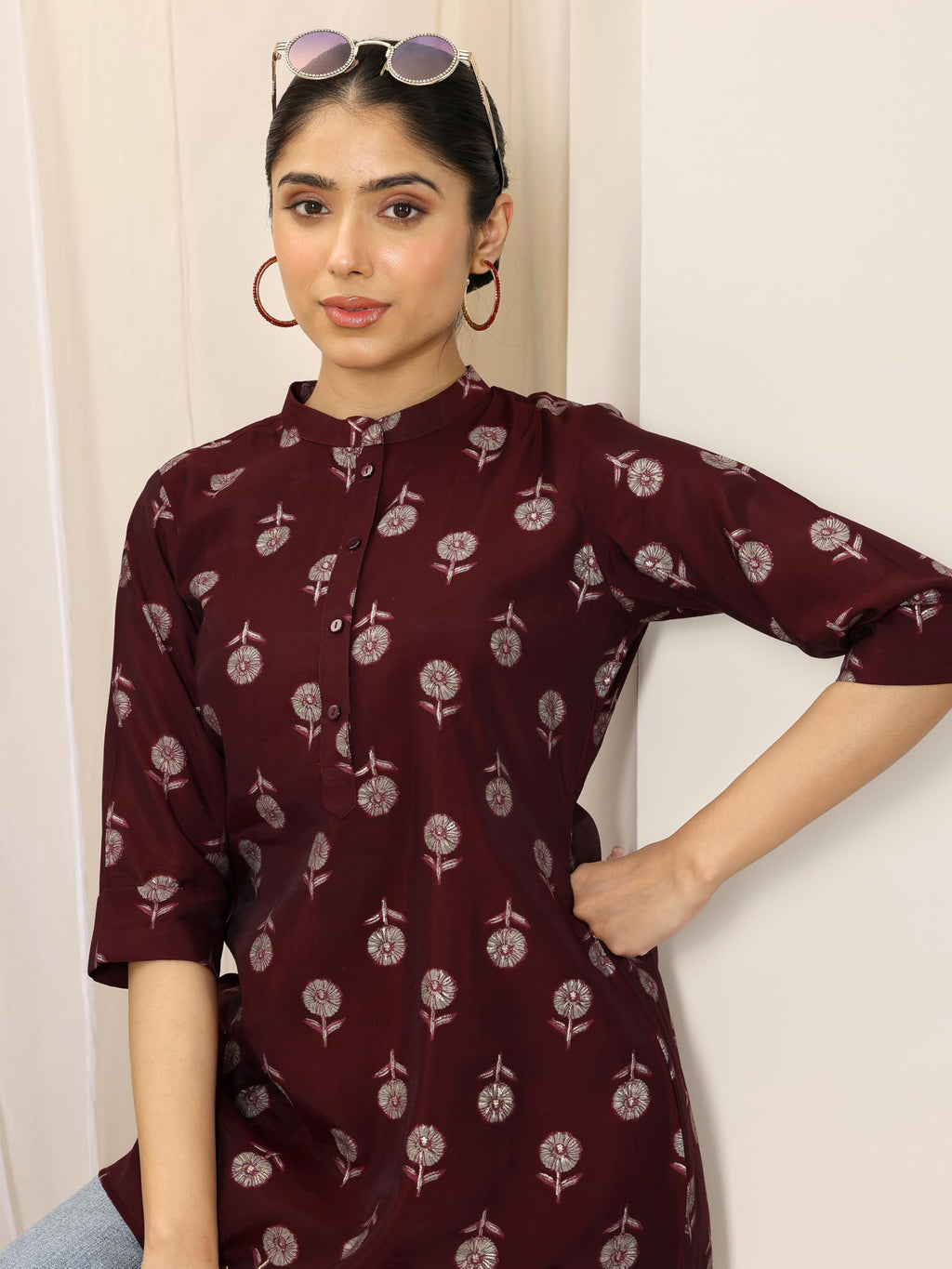 Libas Womens Printed Silk Blend Straight Kurti For Women Maroon
