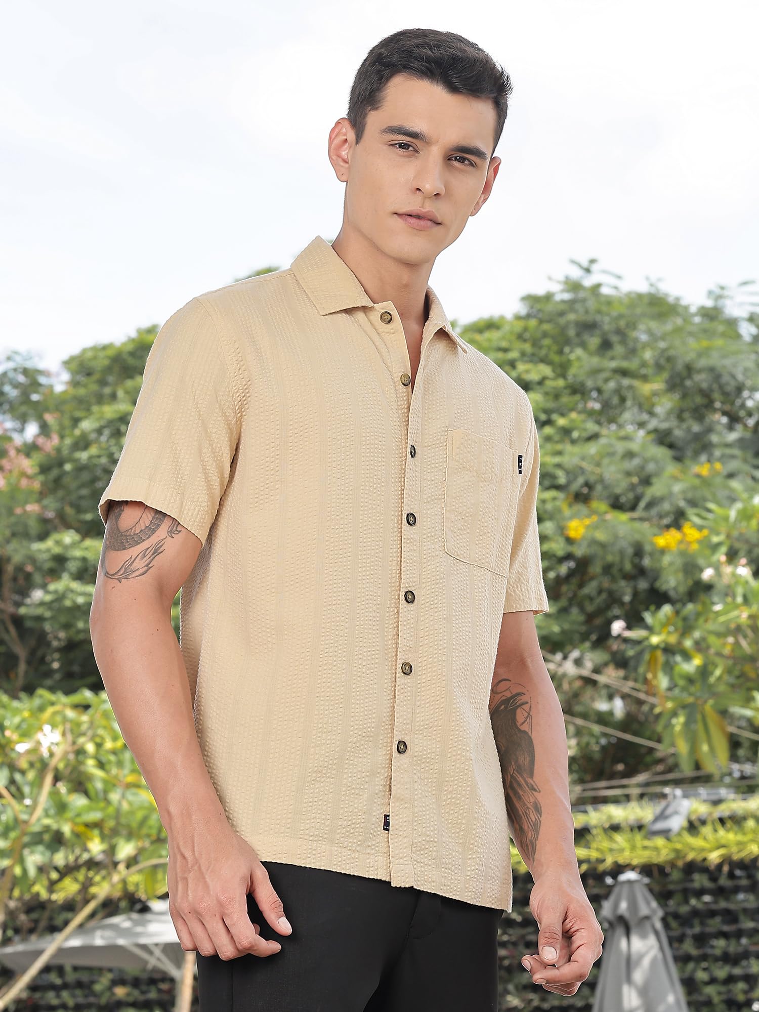 Thomas Scott Mens | Stripes | Seer Sucker Fabric | Spread Collar | Half Sleeve | Casual | Shirts for Men Beige