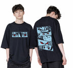 Cotton Four Anime Story Back Printed 3/4 Sleeve Black Oversized T Shirt For Men