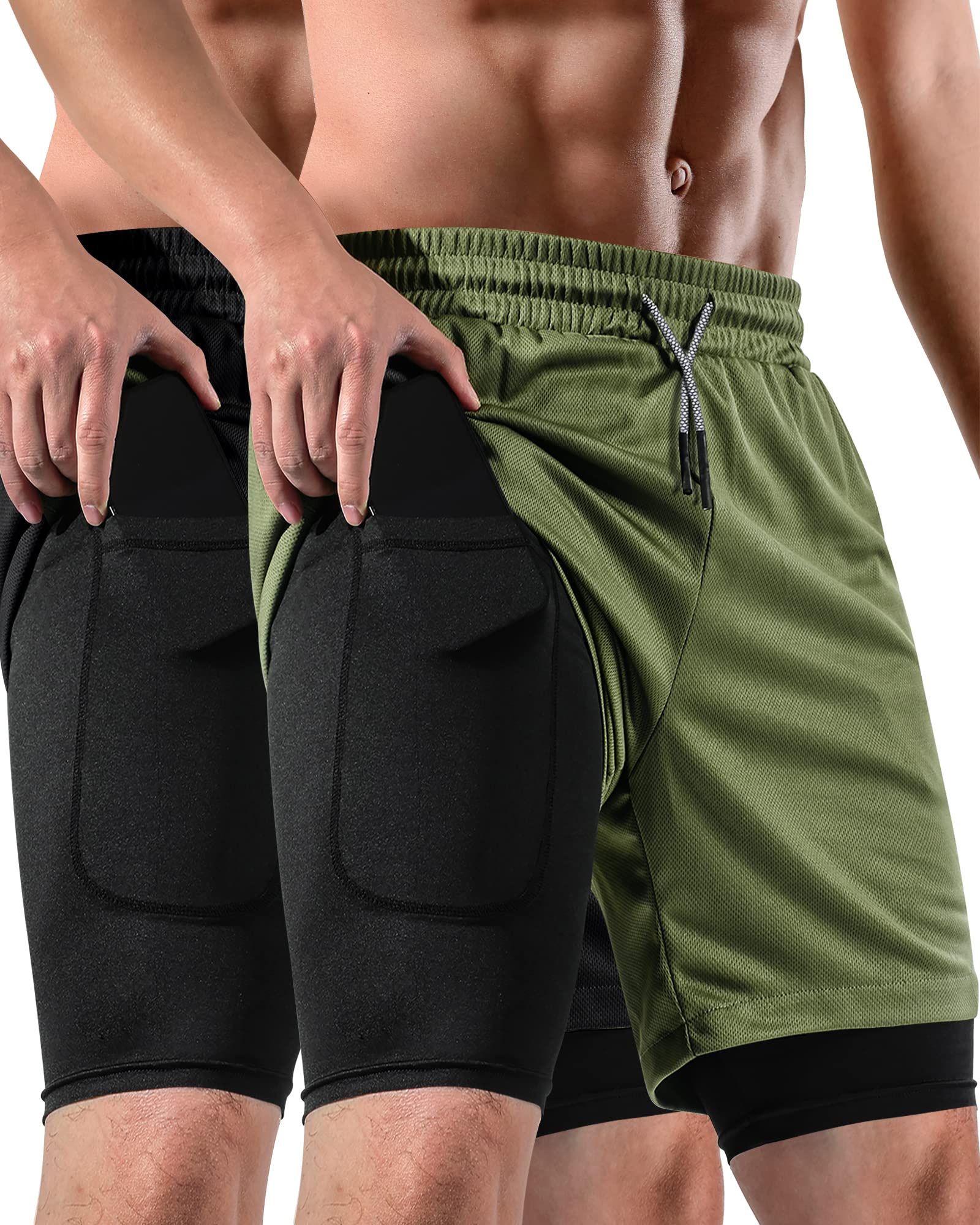 FIONECA 2 in 1 Mens Shorts Casual 2 Pack, Running Gym Shorts for Men 7 Inch, Workout Shorts Men with Pockets &Towel Loop -(Black