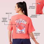 Enamor Womens Graphic Oversized Fit T-Shirt (E3G5_Coralpink Sunrise