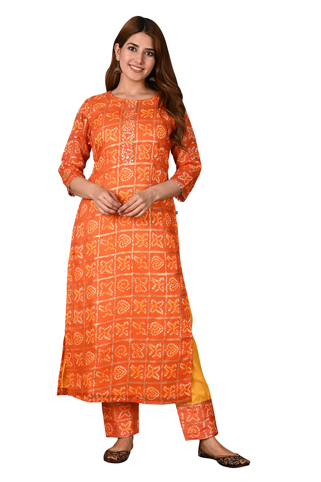 ANNI DESIGNER Women's Cotton Blend Straight Printed Kurta with Pant (Forum-Orange_XL Orange_X-Large)