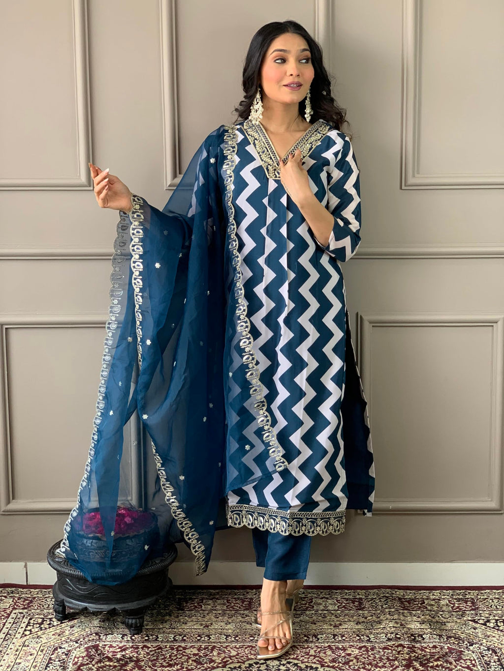 Naixa Womens French Crepe Embroidery Printed Straight Kurta with Pant and Dupatta Sets