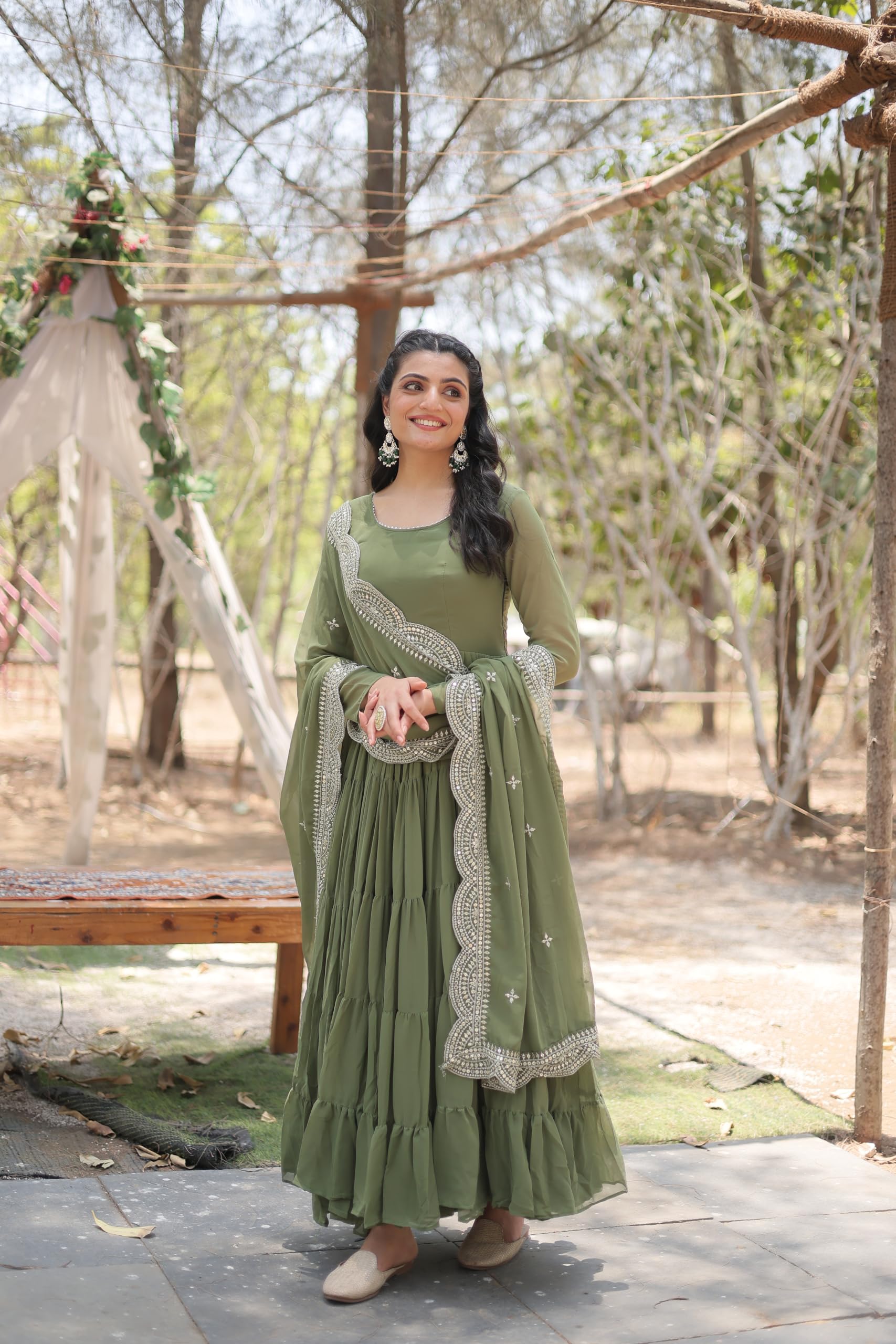 Fashion Basket WomenS Georgette Solid Anarkali Dress Green