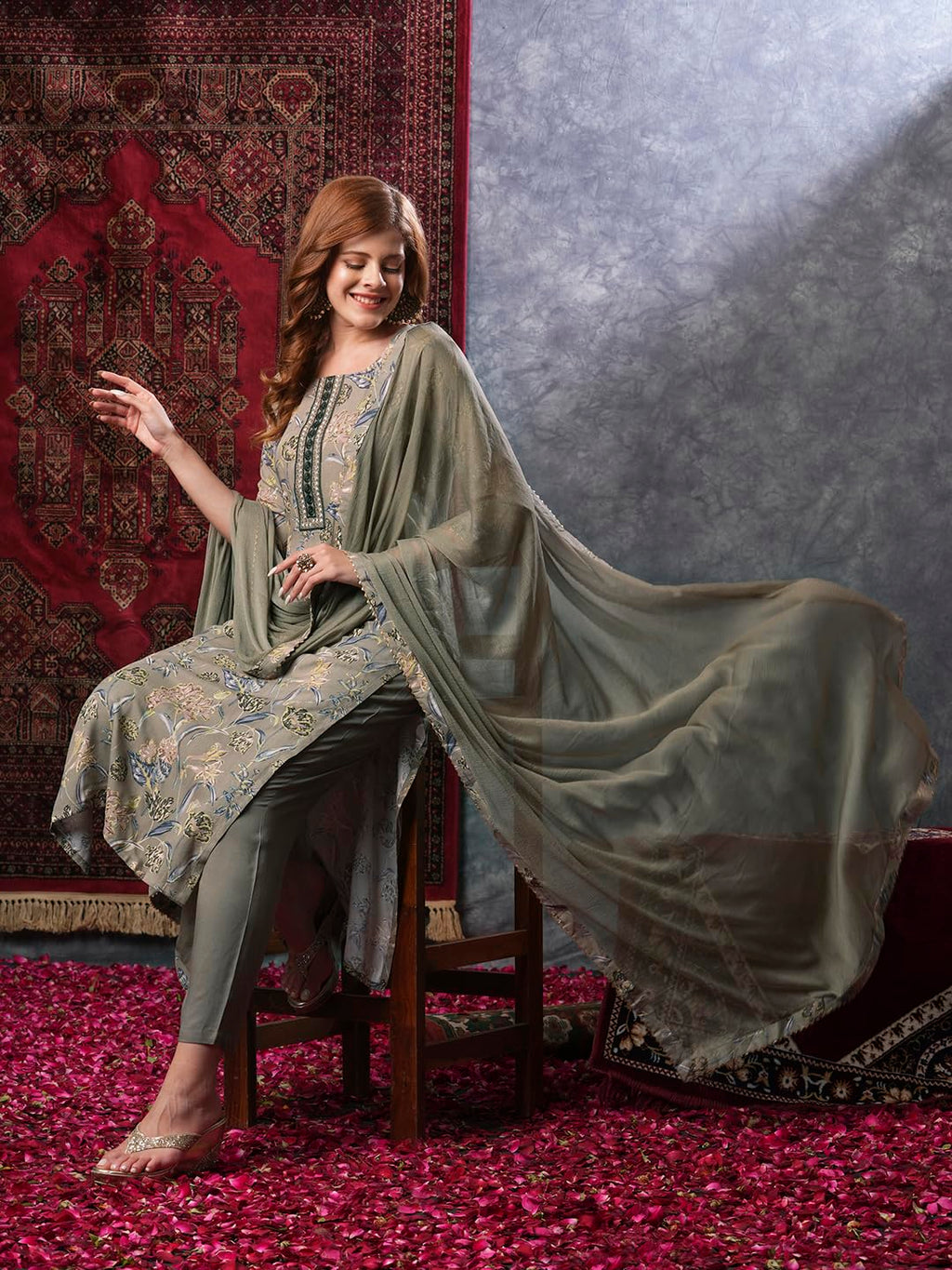 ANNI DESIGNER Women s Casual Rayon Blend Dupatta Kurta Pants, grey, XL