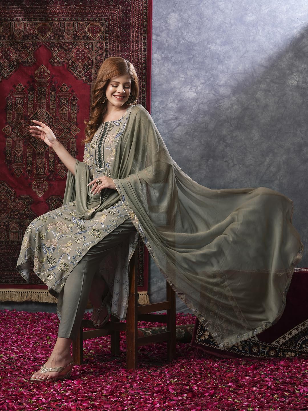 ANNI DESIGNER Women s Casual Rayon Blend Dupatta Kurta Pants, grey, M