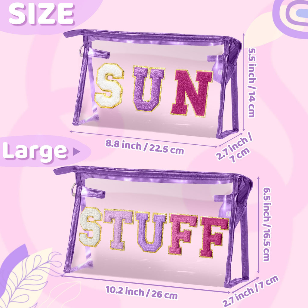 Y1tvei SUN STUFF Makeup Bag - 2Pcs Preppy Patch Chenille Varsity Letter Transparent PVC Extra Large Clear Cosmetic Pouch Portabl