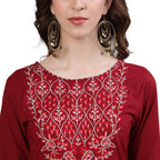 Ishin Women'S Pure Cotton Embroidered Gotta Patti Maroon Ethnic Motifs Print A-Line Kurta Suit Set With Dupatta & Sharara