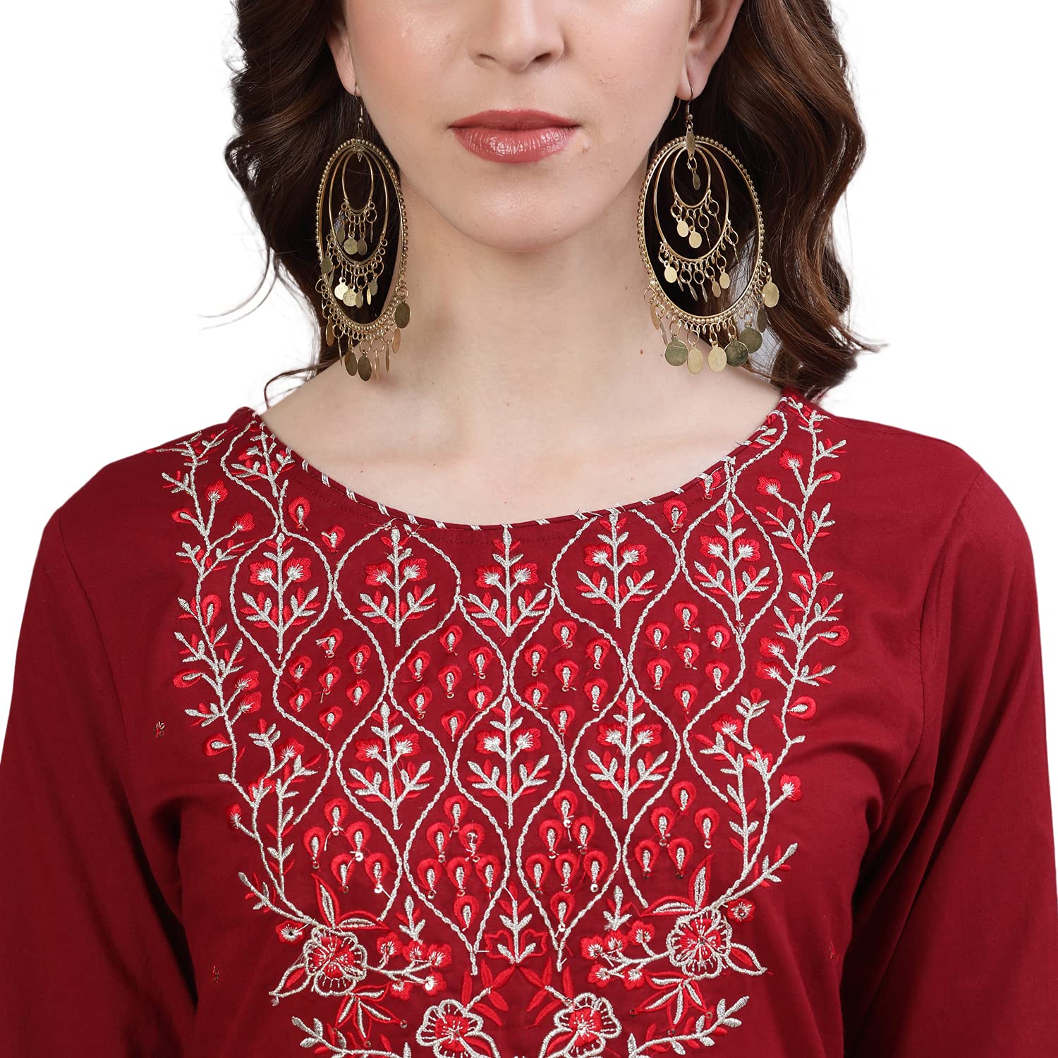 Ishin Women'S Pure Cotton Embroidered Gotta Patti Maroon Ethnic Motifs Print A-Line Kurta Suit Set With Dupatta & Sharara