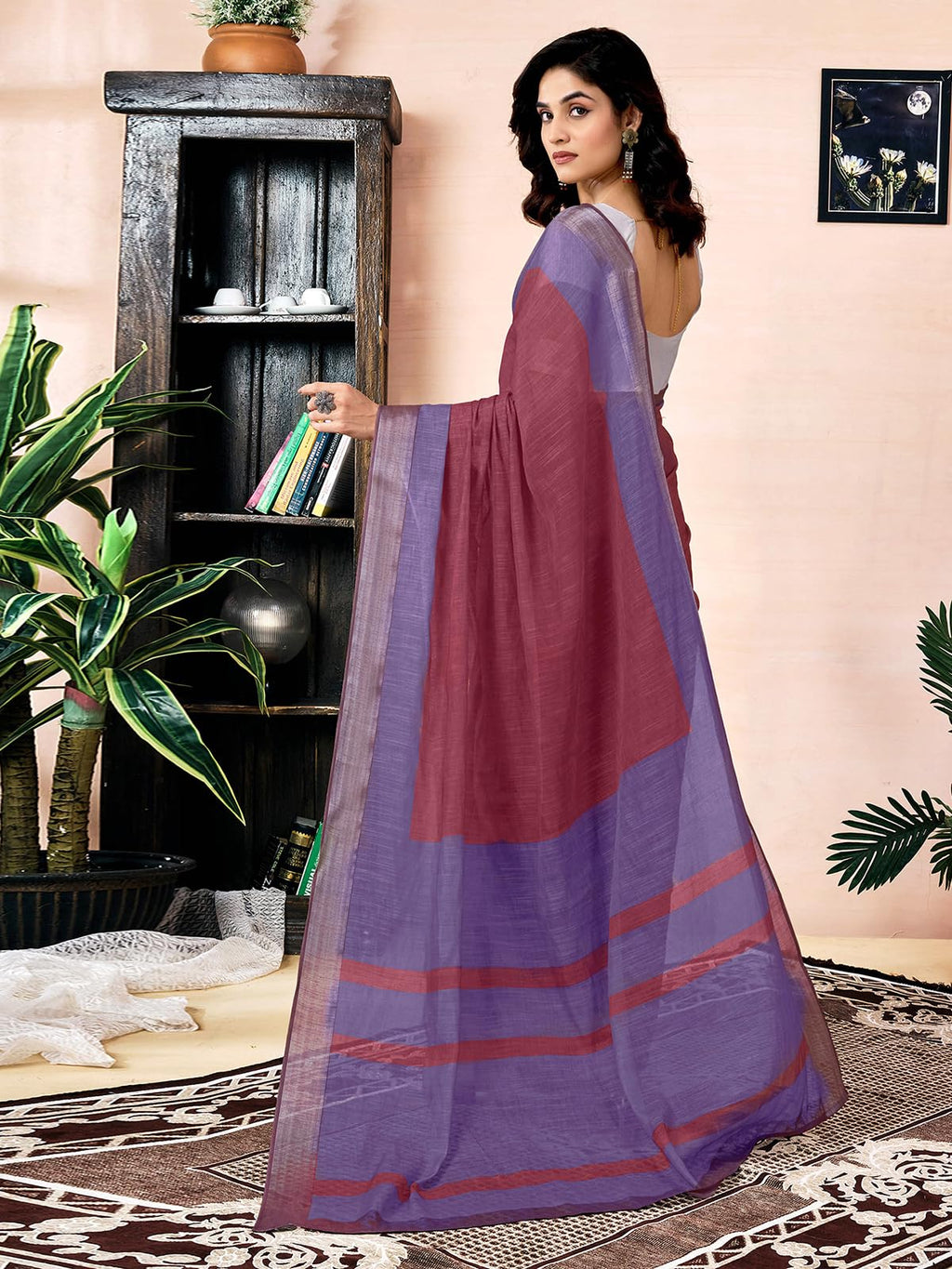 Satrani Womens Linen One Minute Pre Stitched Zari Stripe Border Printed Ready To Wear Saree With Attached pocket & Unstitched B