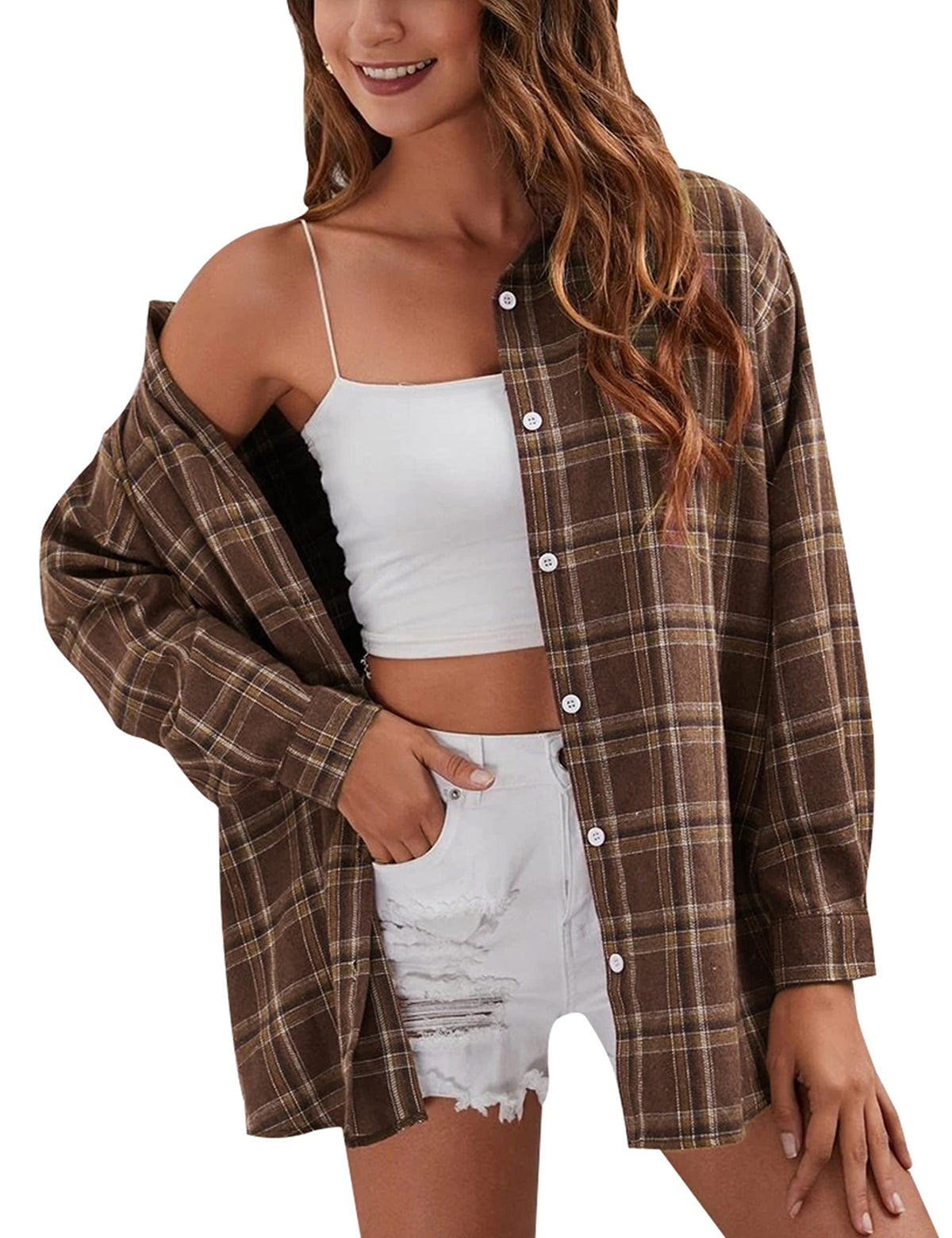 HangNiFang Oversized Flannel Plaid Shirts for Women Long Sleeve Button Down Shirts Blouse, Brown, XLarge