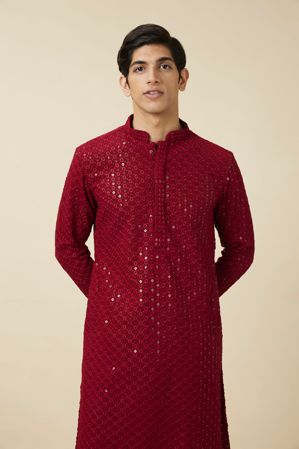 Manyavar MenS Viscose Embroidered Full Sleeves Knee Length Kurta Set