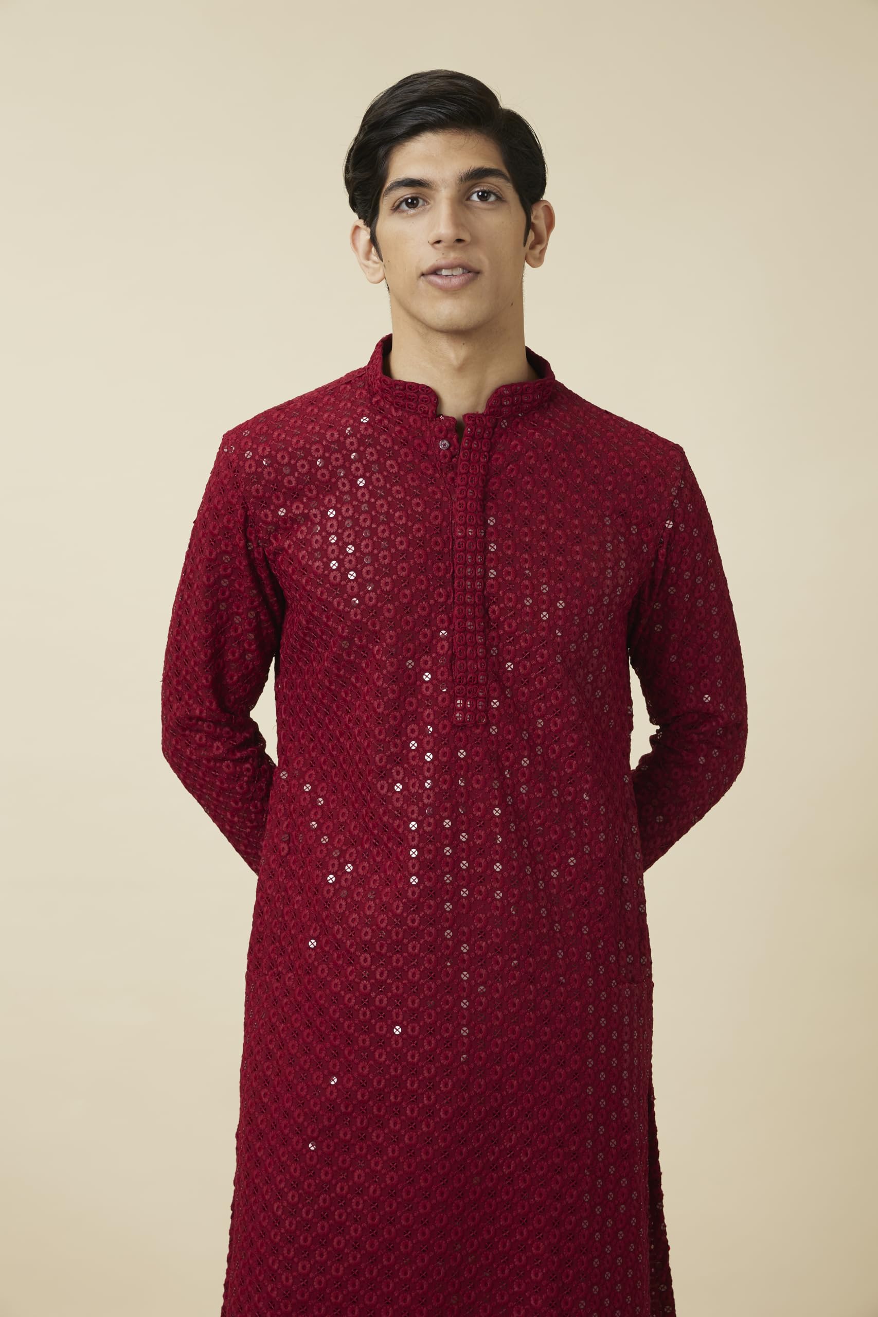 Manyavar MenS Viscose Embroidered Full Sleeves Knee Length Kurta Set