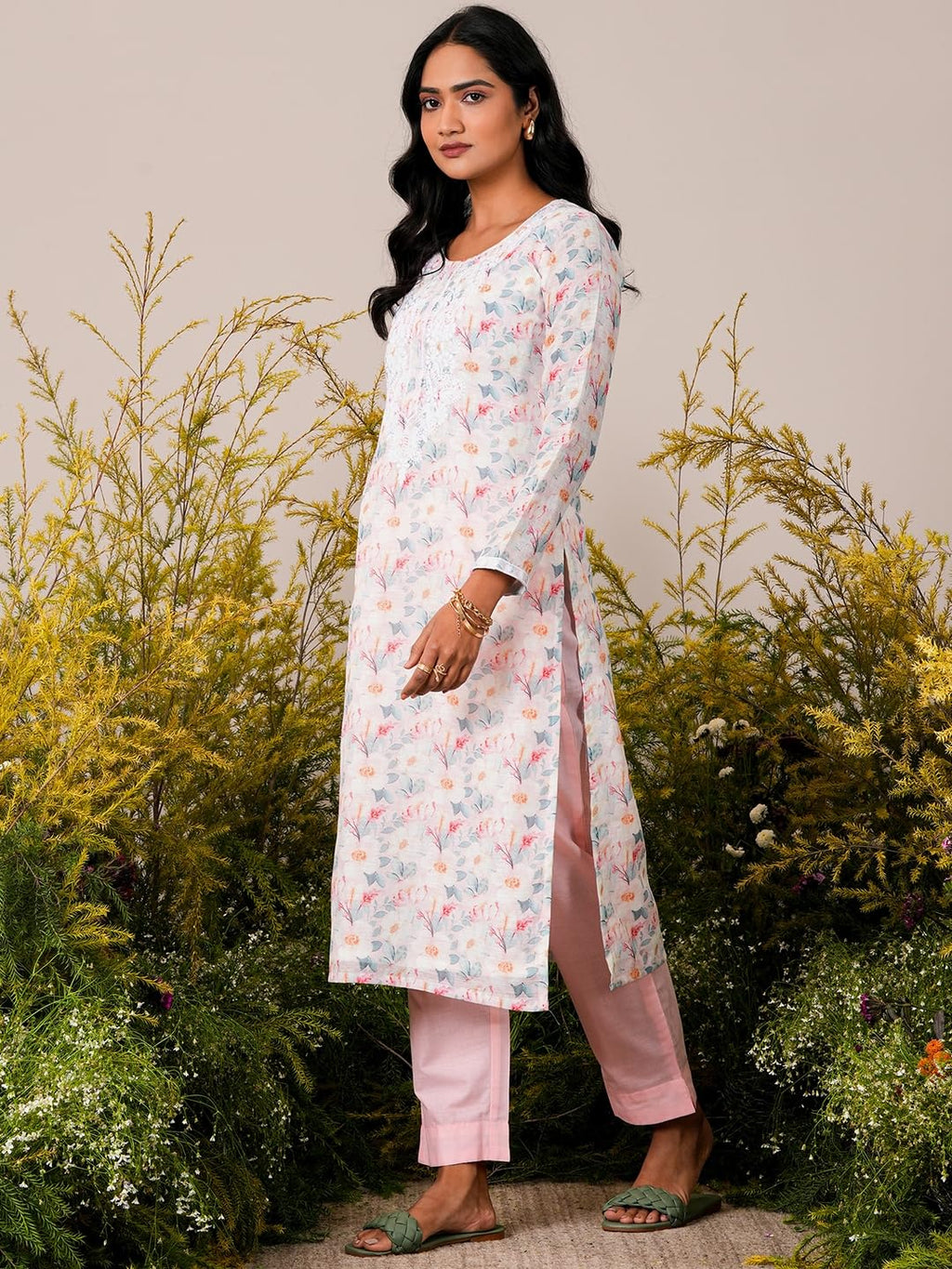 Libas Womens Printed Linen Straight Kurta With Trousers And Dupatta