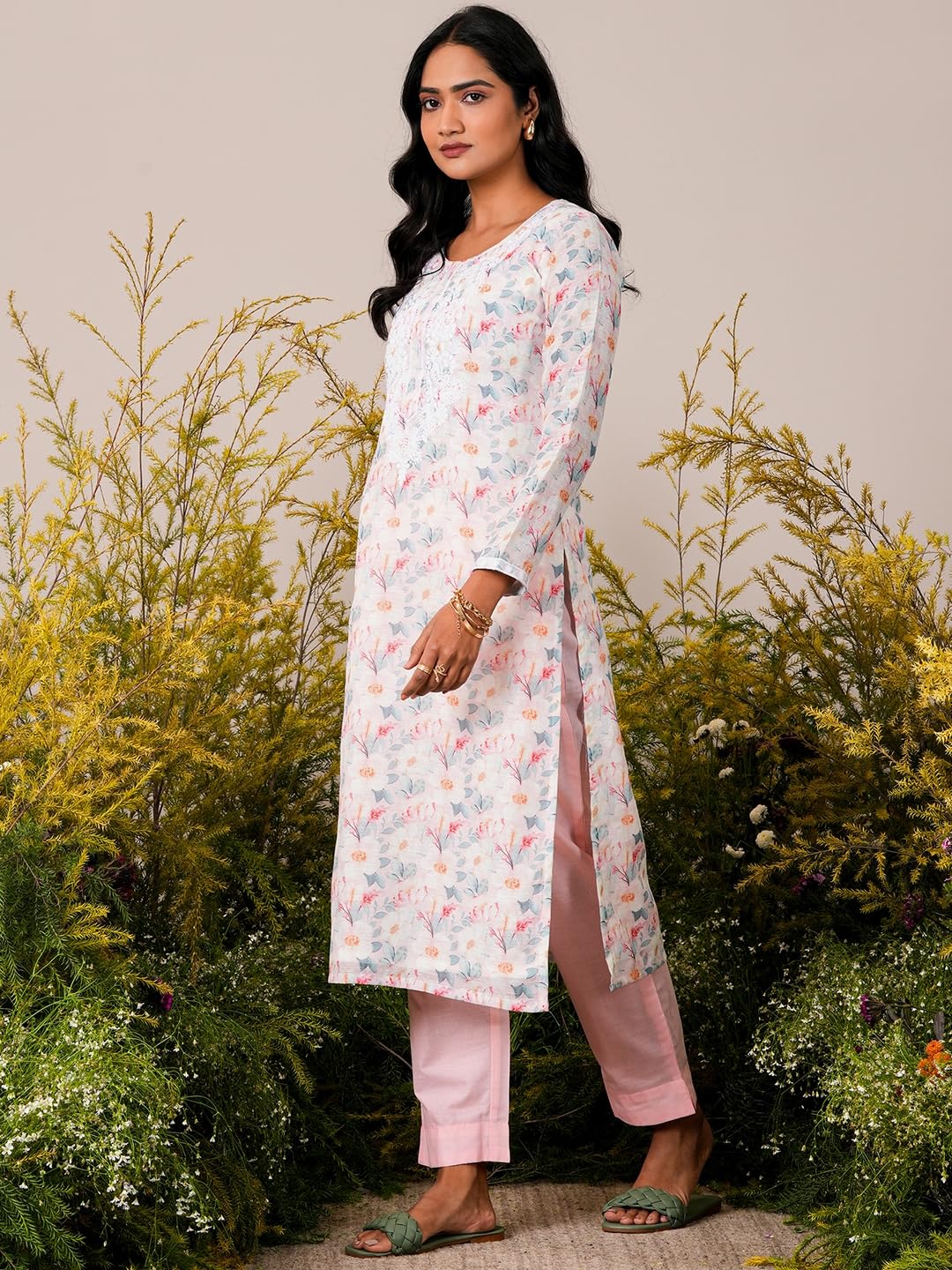 Libas Womens Printed Linen Straight Kurta With Trousers And Dupatta