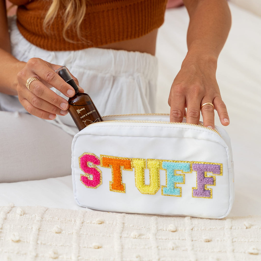 Fablinks Preppy Makeup Pouch, Chenille Varsity Letter Stuff Bag for Women, White Nylon Skin Care Patch Bags Organizer, Travel Ma