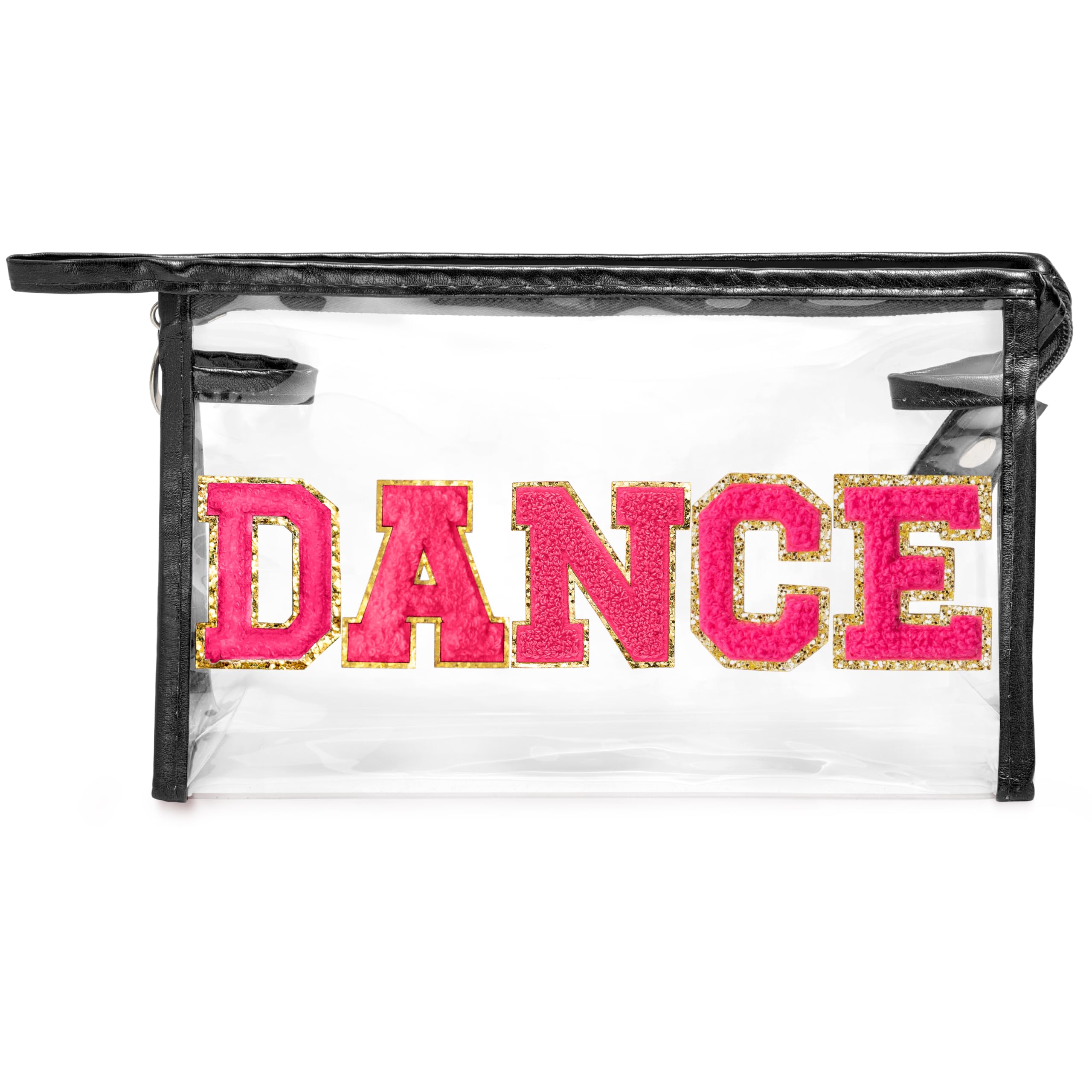 Y1tvei DANCE Clear Makeup Bag - Preppy Hot Pink Dance Chenille Patch Cosmetic Pouch Dancer Recital Survival Kit Extra Large PVC 