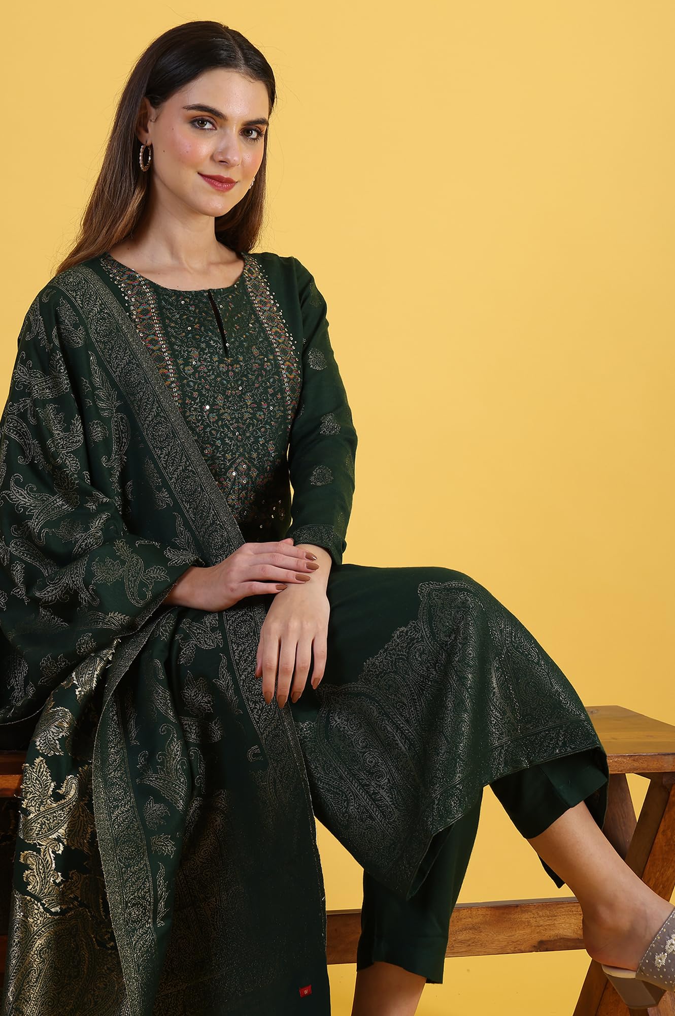 W For Woman Green Yarn Dyed Sequins A-Line Kurta & Straight Pant With Dupatta Set