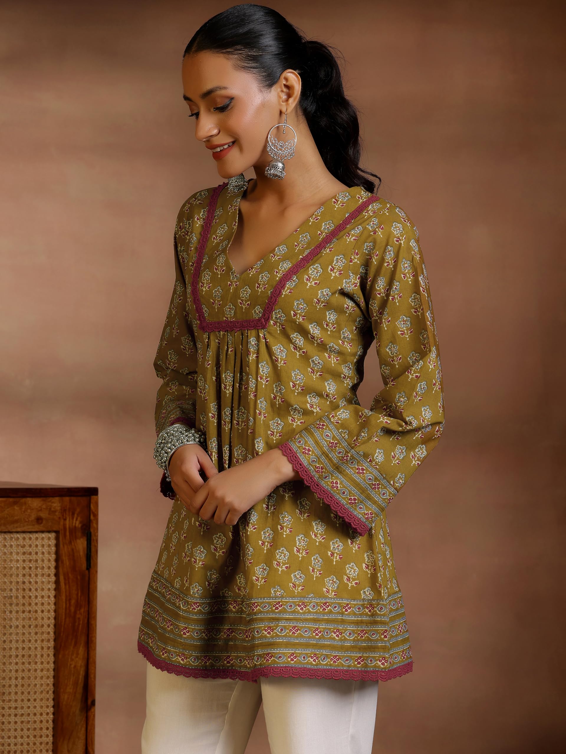 Libas Womens Printed Cotton A-Line Kurti For Women Olive