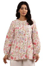 W Ecru Floral Printed Cotton Top And Pant For Women