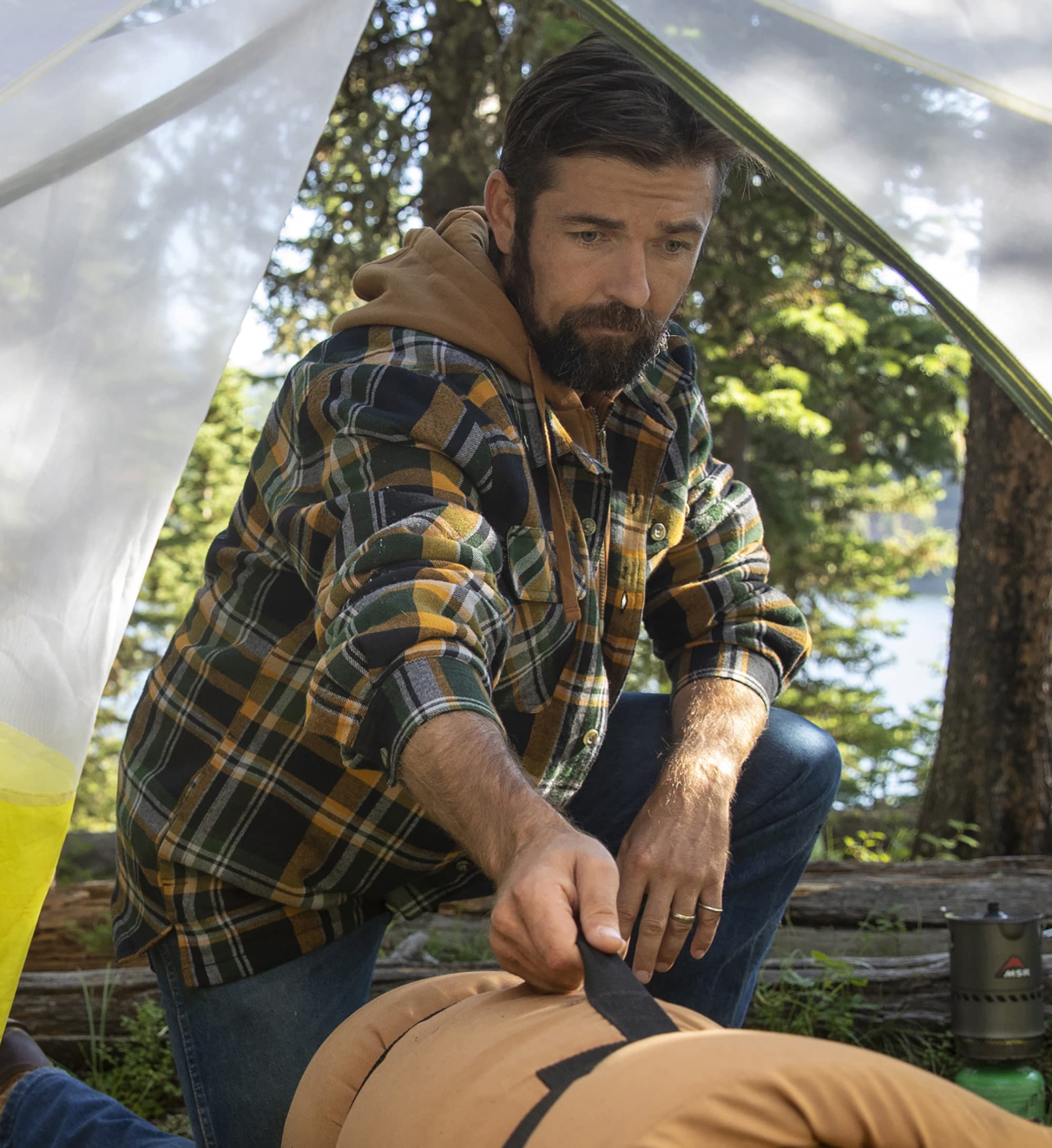 Legendary Whitetails Men's Standard Maplewood Hooded Shirt Jacket, Army Green Plaid, Medium