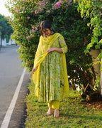 ANNI DESIGNER Womens Rayon Viscose Printed Anarkali Kurta with Pant & Dupatta (Horizon Green_L_Green_Large)