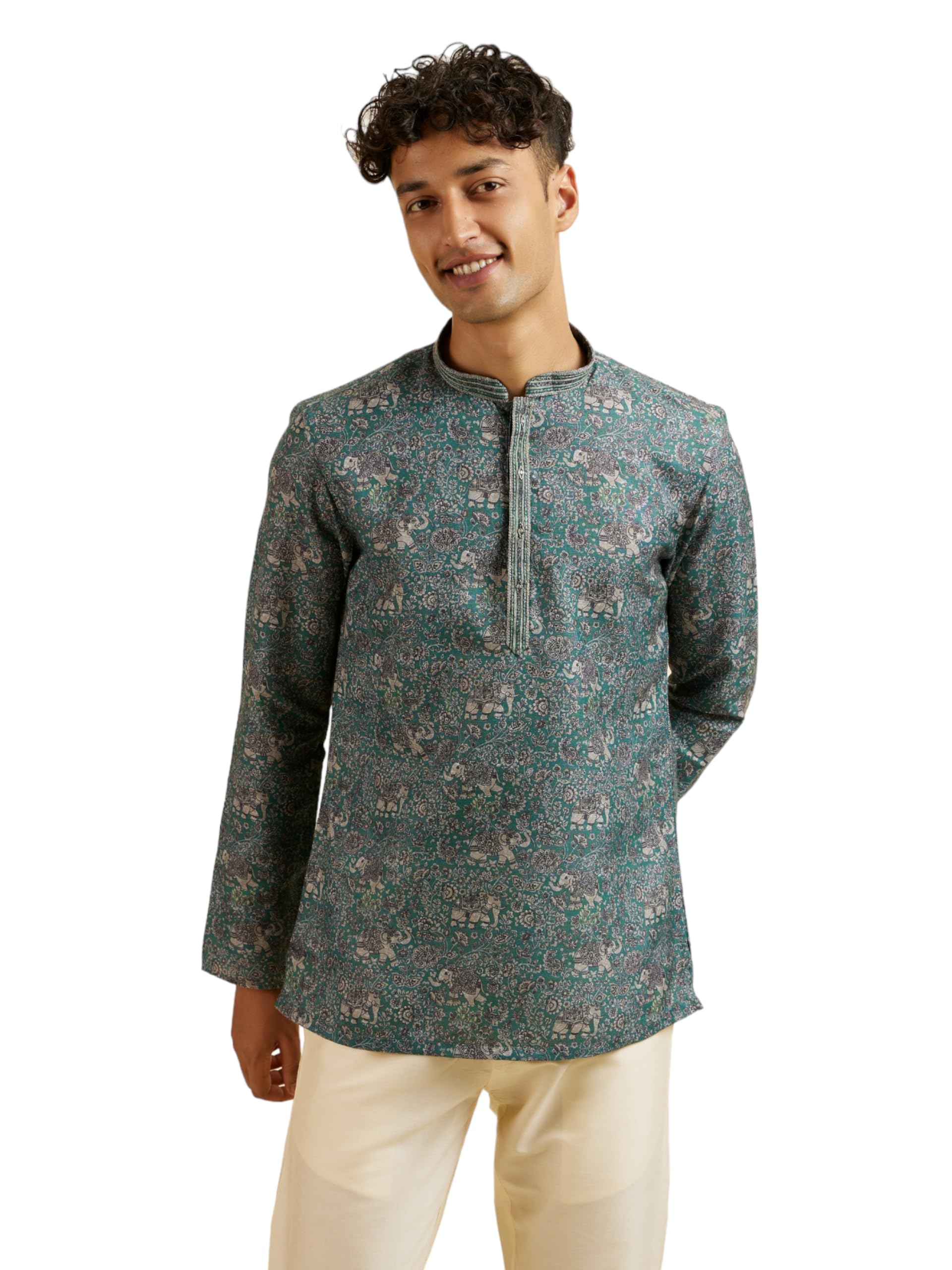 Manyavar MenS Cotton Blend Digital Print|Embroidered Short Kurta (Green,Xxl)
