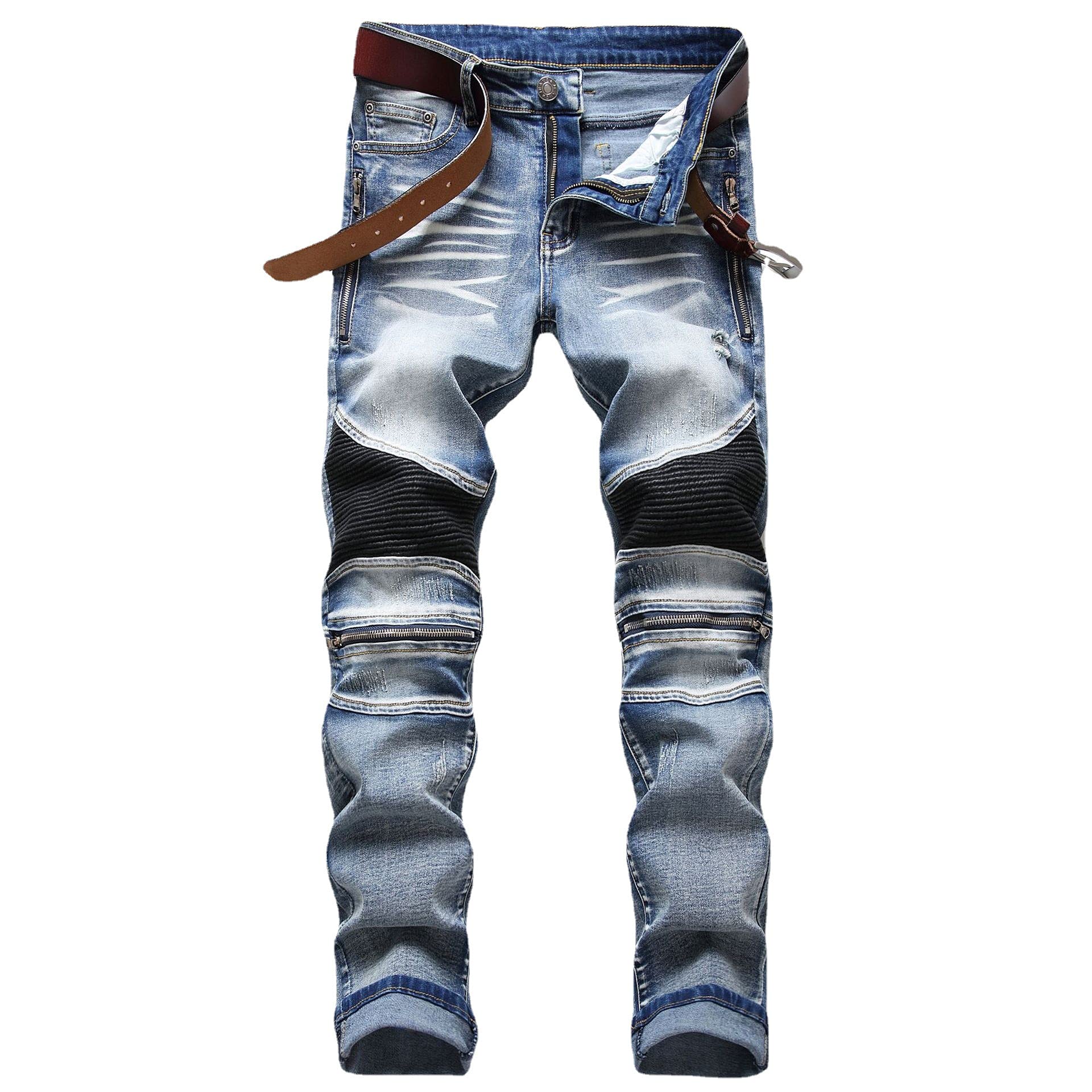 AITITIA Men's Biker Zipper Deco Washed Straight Fit Jeans (34W x 32L, 005 Blue)