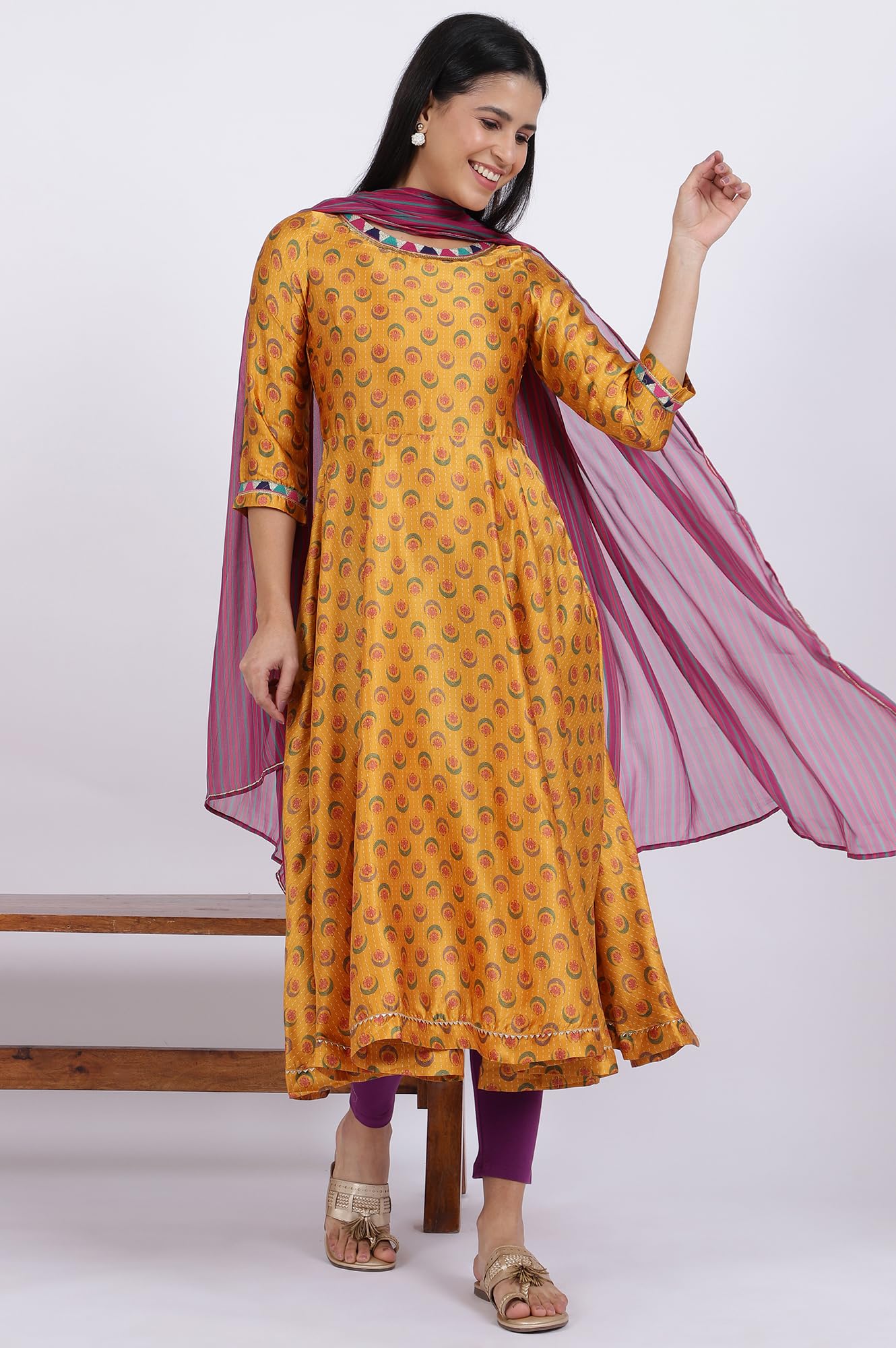 W For Woman WomenS Polyester Floral Kurta, Tight & Dupatta (23Auws19875-122304_Mustard