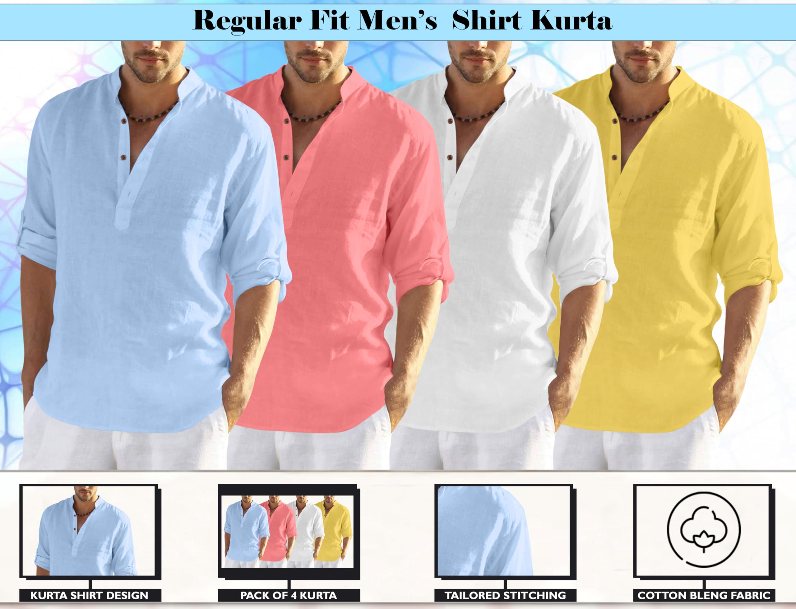 Zombom MenS Cotton Blend Solid Full Sleeve Regular Fit Kurta Shirt, Multicolor, M, Combo Set Of 4