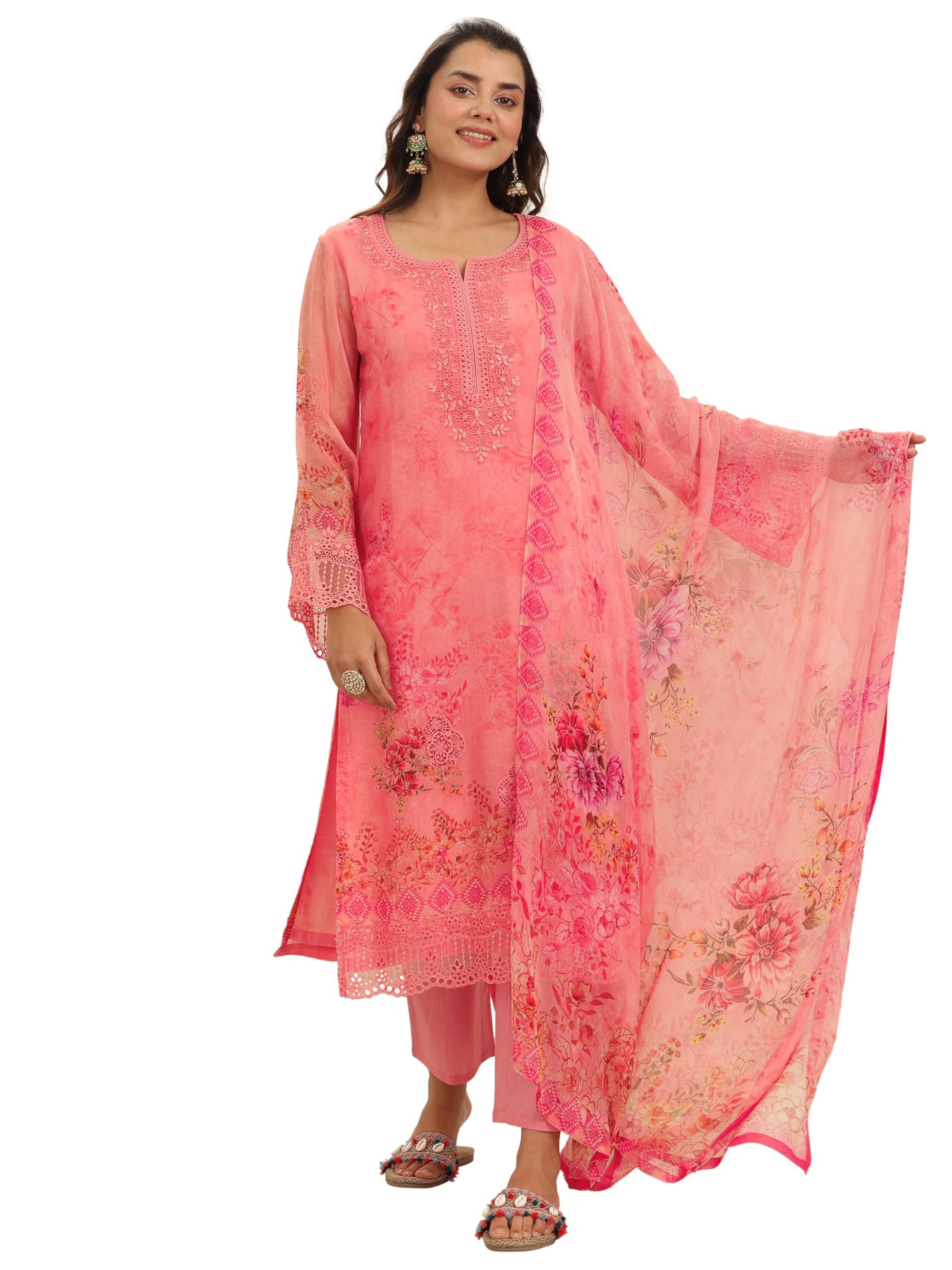 Coral floral printed schiffli straight kurta with solid trouser and floral printed dupatta (99479RXS)