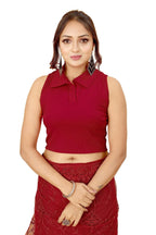 Shasmi Womens & Girls Solid Ribbed Polo Club Collar Sleeveless Slim Fit Simplicity Blouse for Women (Blouse 49 Maroon S)