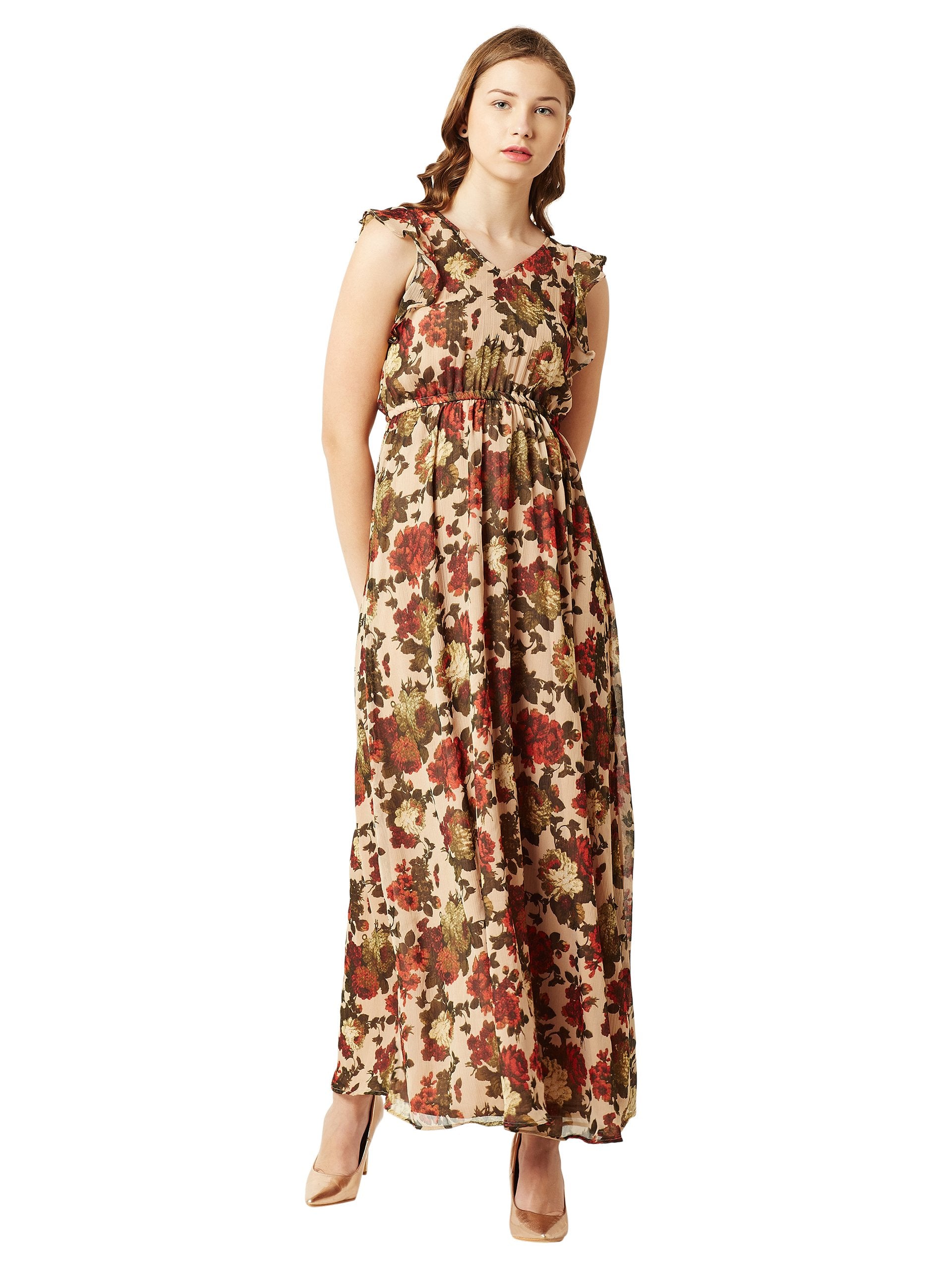 Miss Chase WomenS Synthetic Multicolored V Neck Sleeveless Slim Fit Printed Maxi Skater Dress (Mcss17D06-08-174-03_Multicolor_S