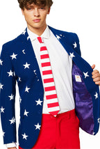 OPPOSUITS Men American Flag Suit - USA Outfit for the 4th of July with Red White and Blue Jacket, Pants and Tie