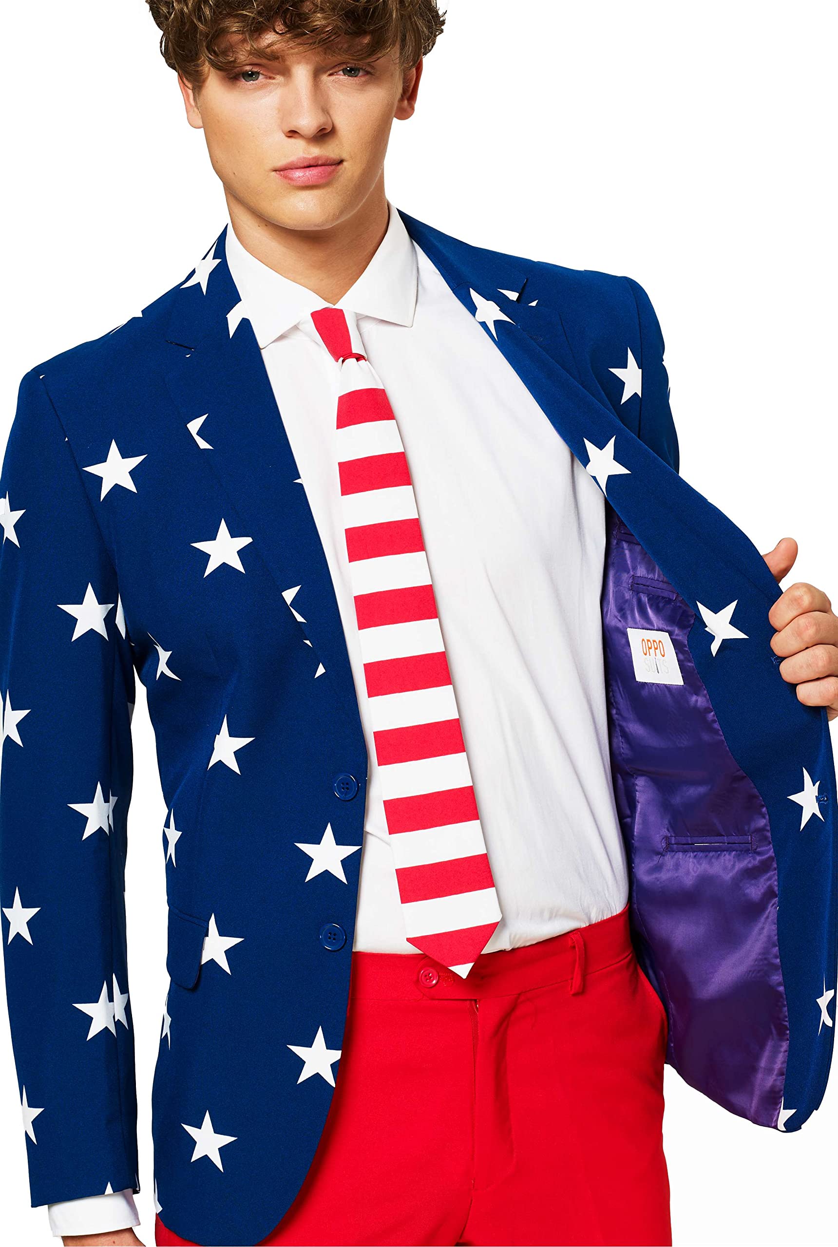 OPPOSUITS Men American Flag Suit - USA Outfit for the 4th of July with Red White and Blue Jacket, Pants and Tie