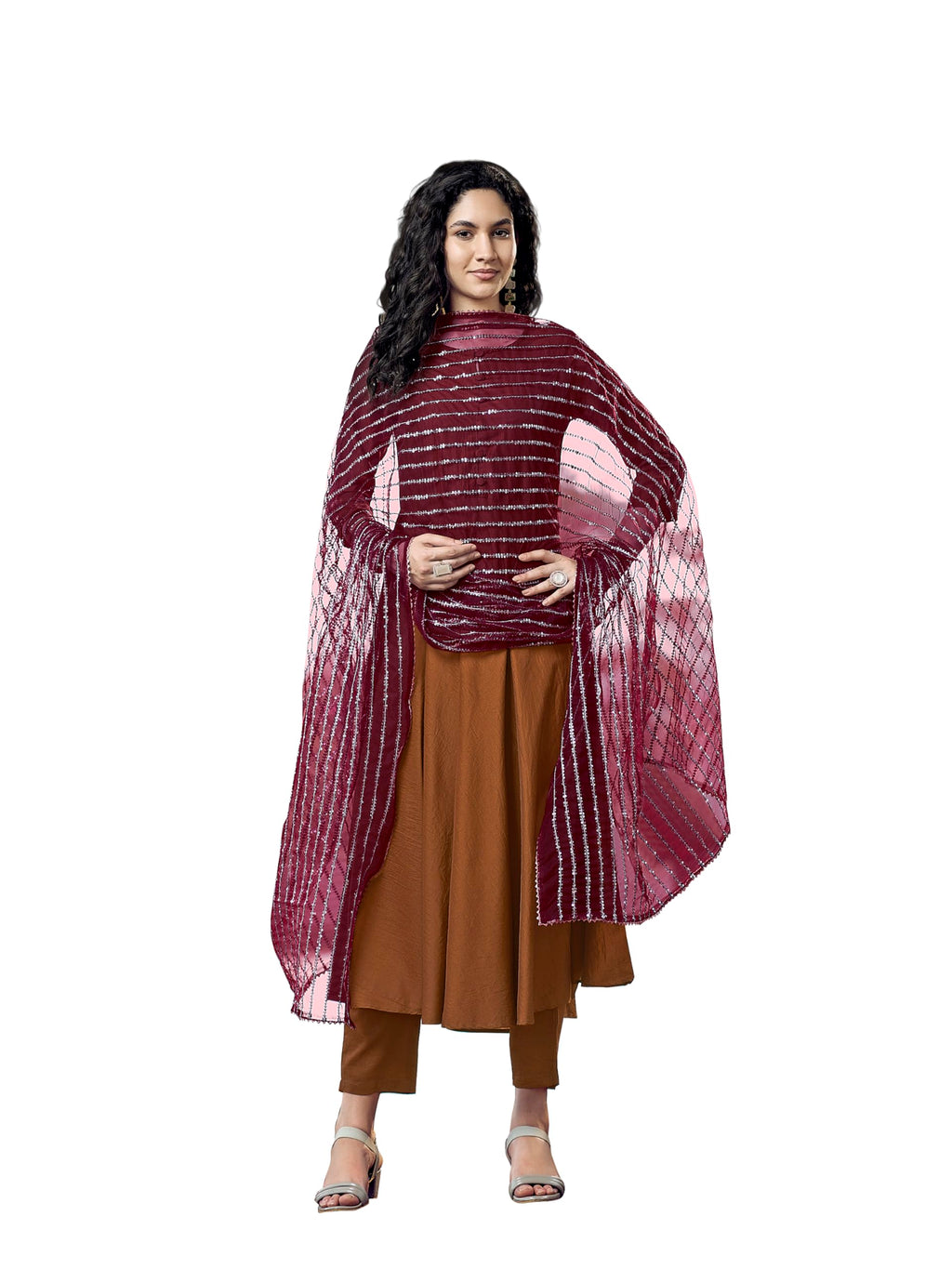 Womanista Women'S Poly Crepe Solid Regular Flared Kurta With Pant & Dupatta (Kurtaset_1447_Brown