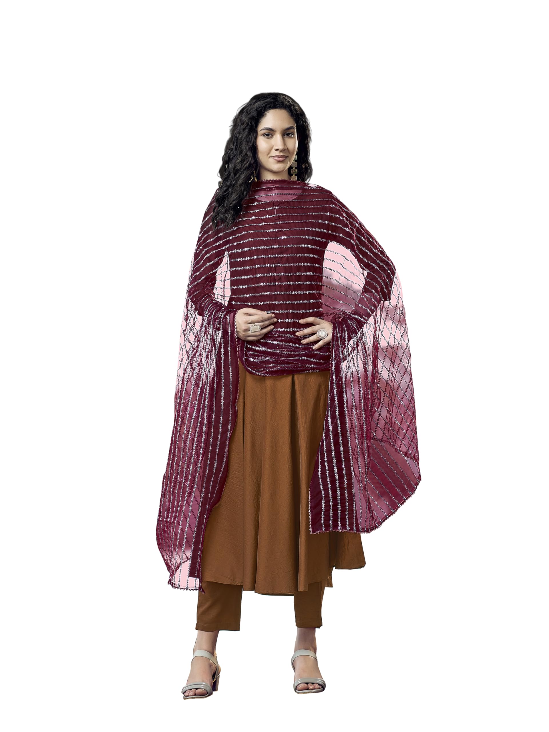 Womanista Women'S Poly Crepe Solid Regular Flared Kurta With Pant & Dupatta (Kurtaset_1447_Brown