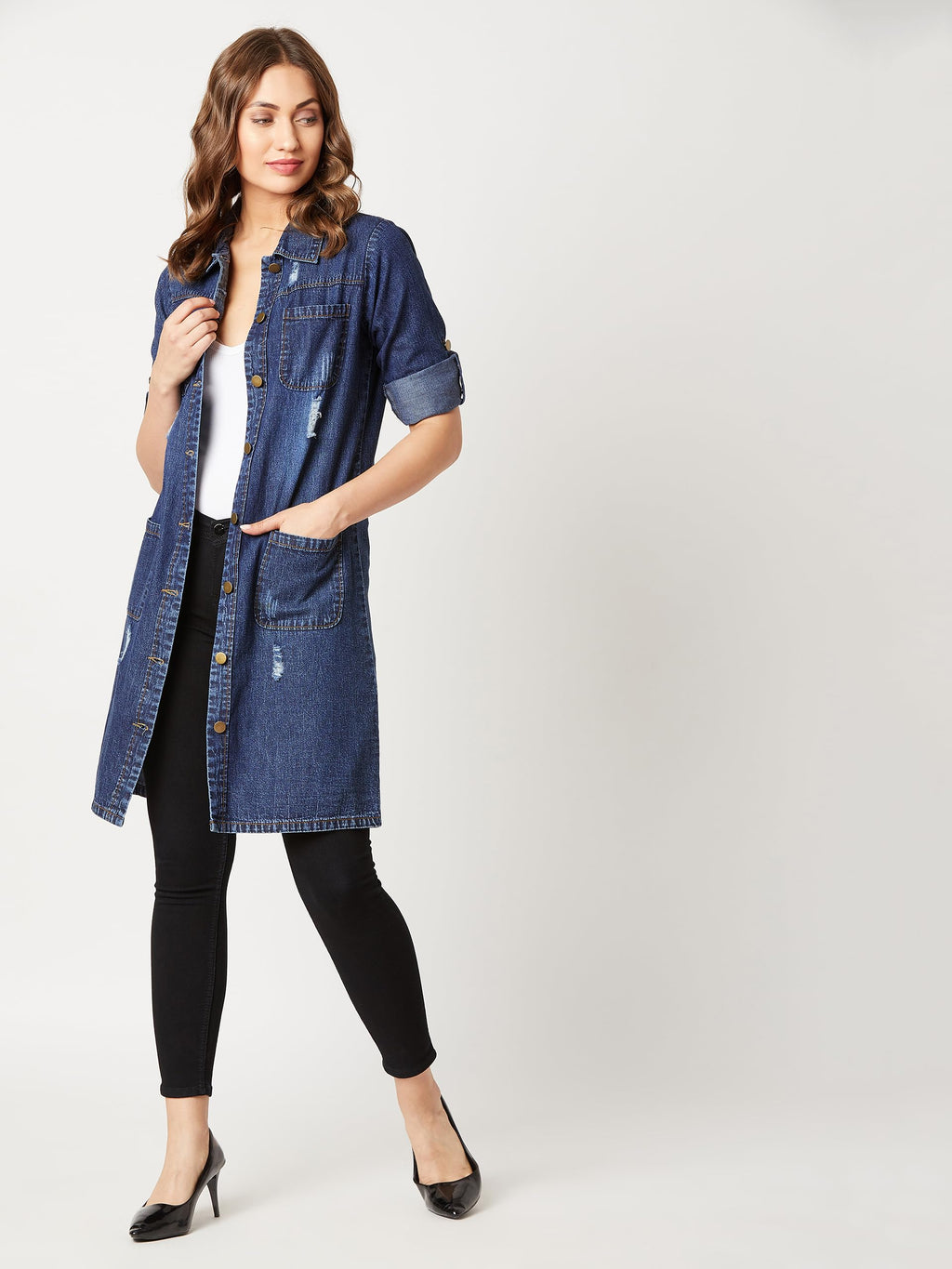 Miss Chase WomenS Solid Collared Full Sleeves Patch Pocket Denim Knee-Length Jacket