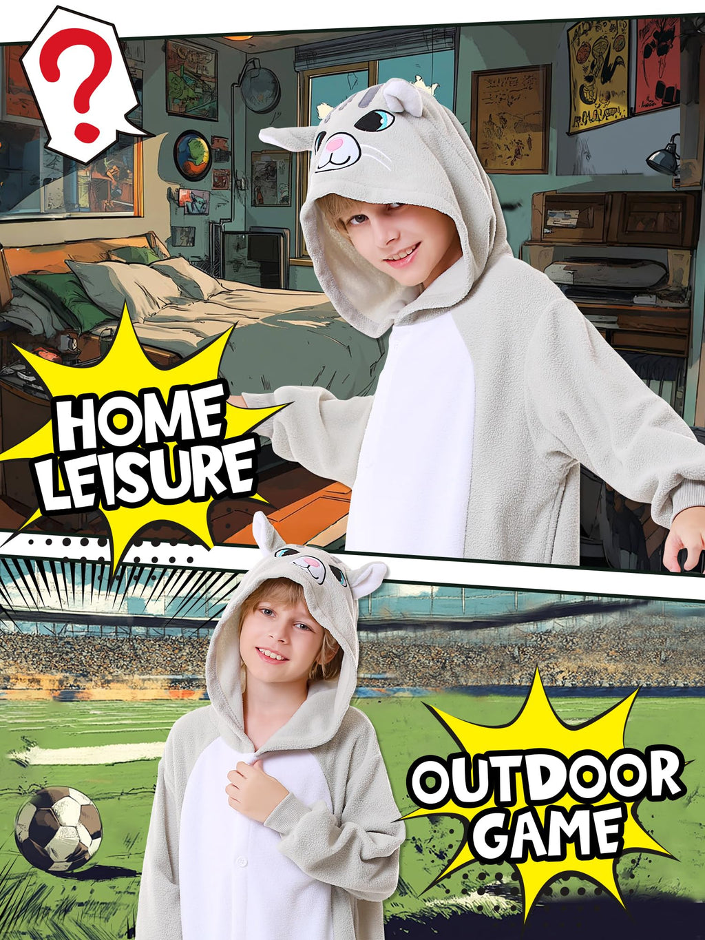 CANASOUR Cat Onesie Kids Halloween Cosplay Costume Girls One Piece Pjs Anime Unisex Hoodie Pajamas Grey For 8-10 Years Boys Part