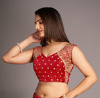 Pujia Mills WomenS Sequin Embroidered V Neck Sleeveless Red Readymade Saree Blouse Indian Ethnic Stitched Padded Blouses For Wo
