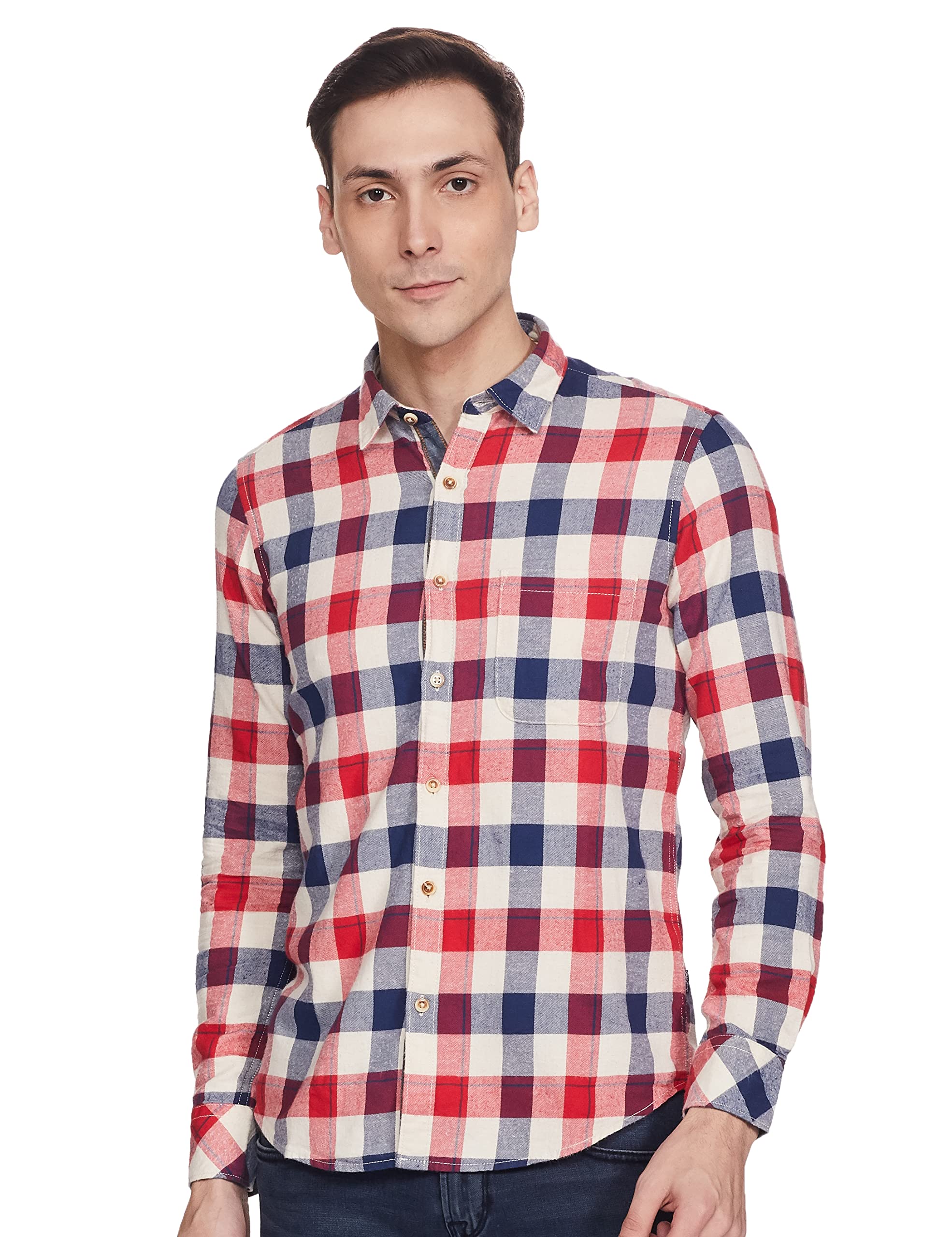 Pepe Checks Cotton Regular Fit Mens Casual Shirt (A21Haydenlsipre002, Red, Medium)