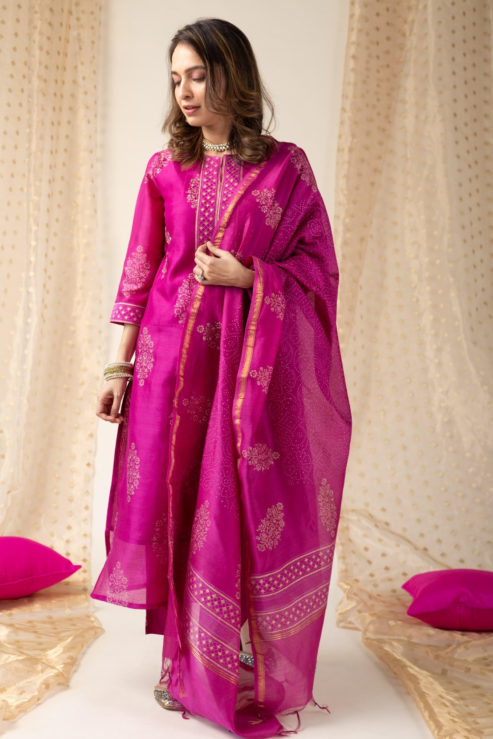 ANNI DESIGNER Womens Rayon Blend Straight Printed Kurta with Pant & Dupatta (MANGAI Pink_4XL_Pink_XXXX-Large)